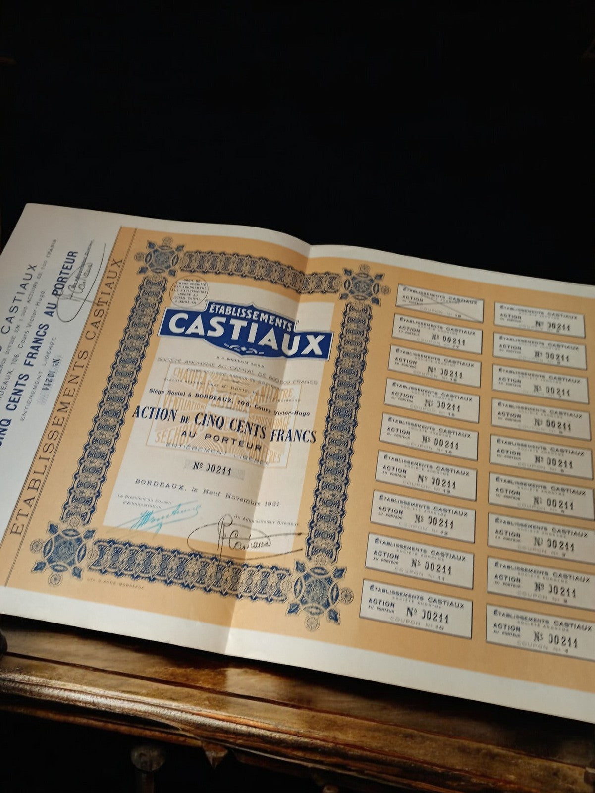 Action au porteur Castiaux Bordeaux 1931 ancien titre vintage papier déco