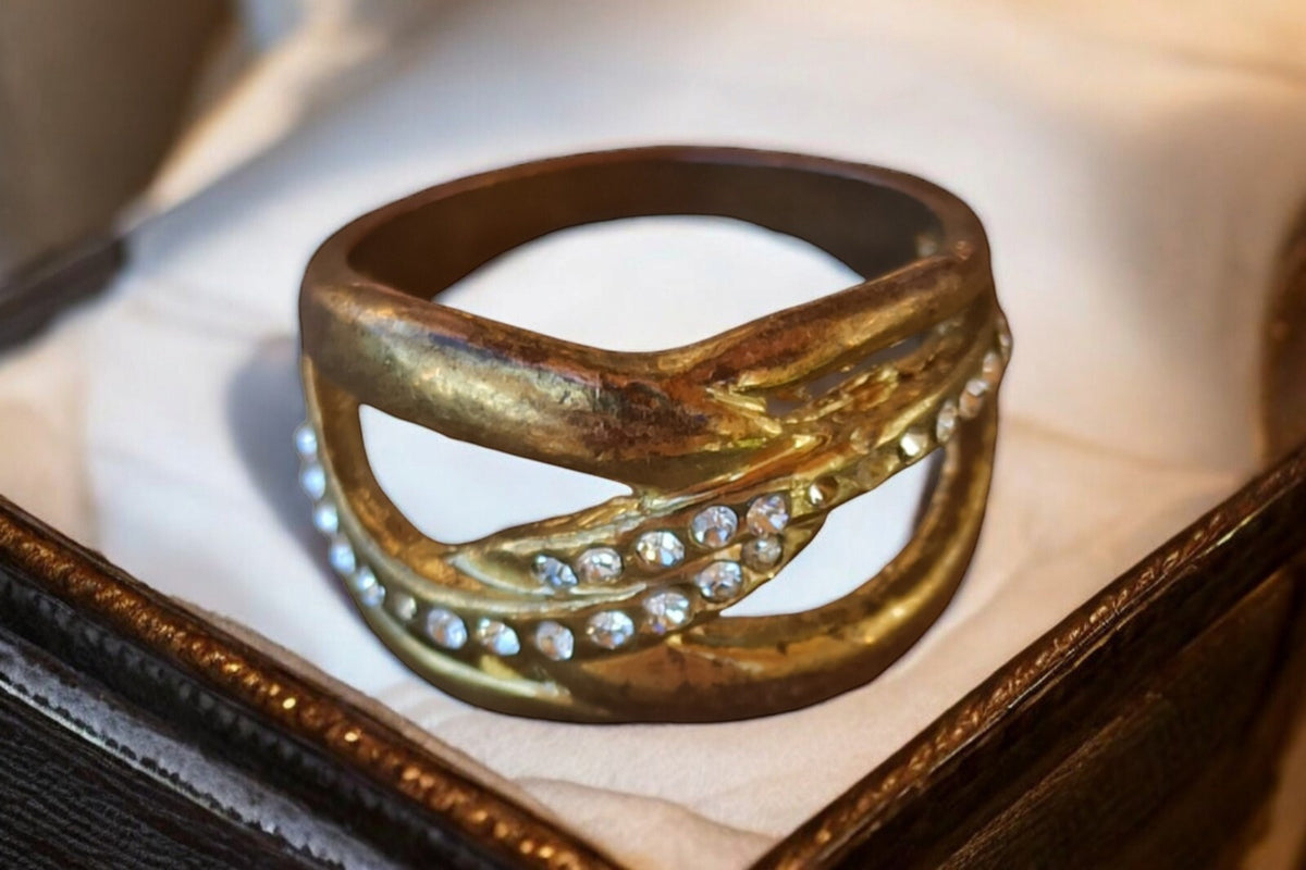 Gold-tone rhinestone costume ring, size 54, wide textured band