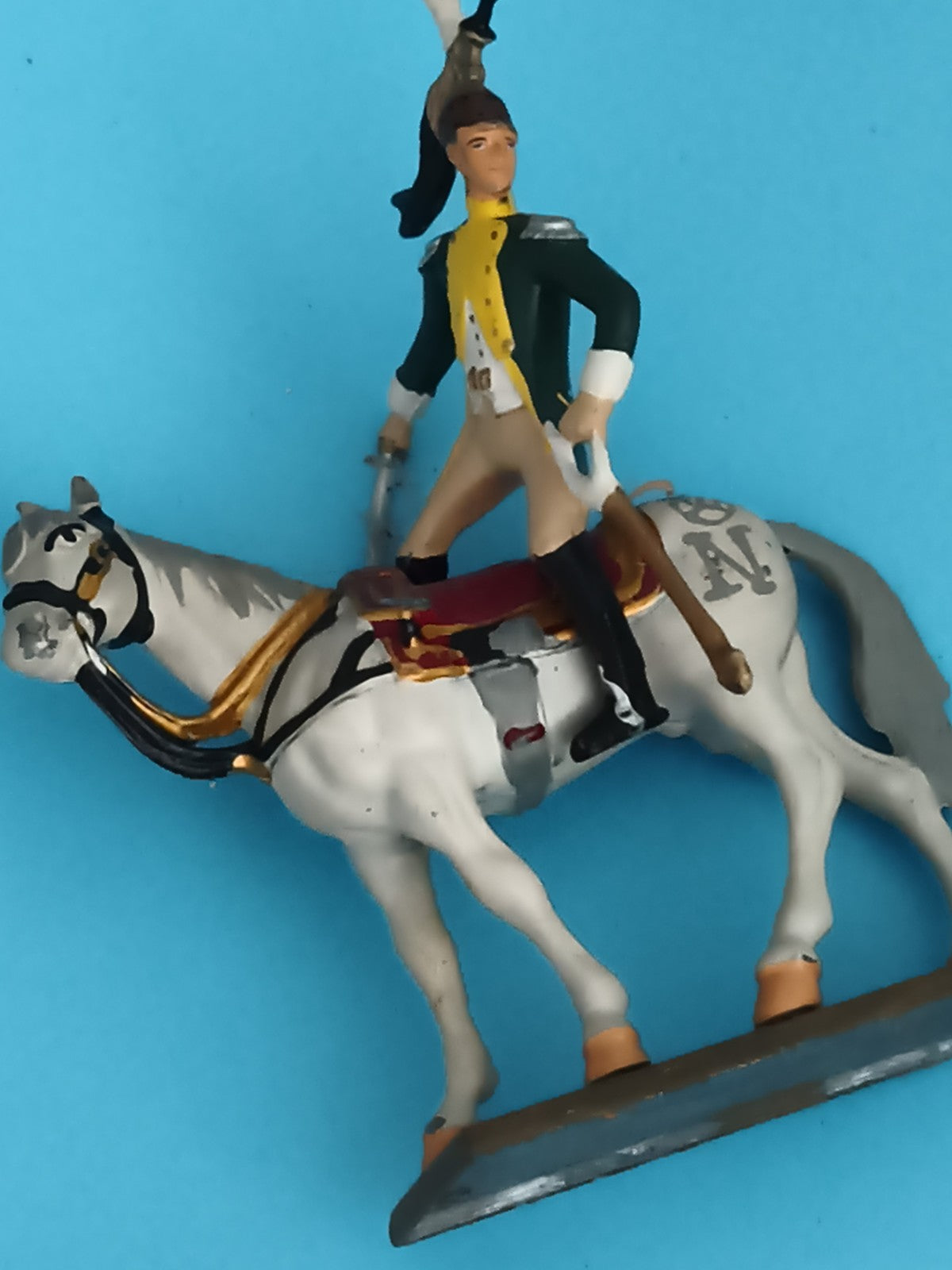 Figurine soldat Napoléon à cheval ancienne en plomb, uniforme vert, vintage