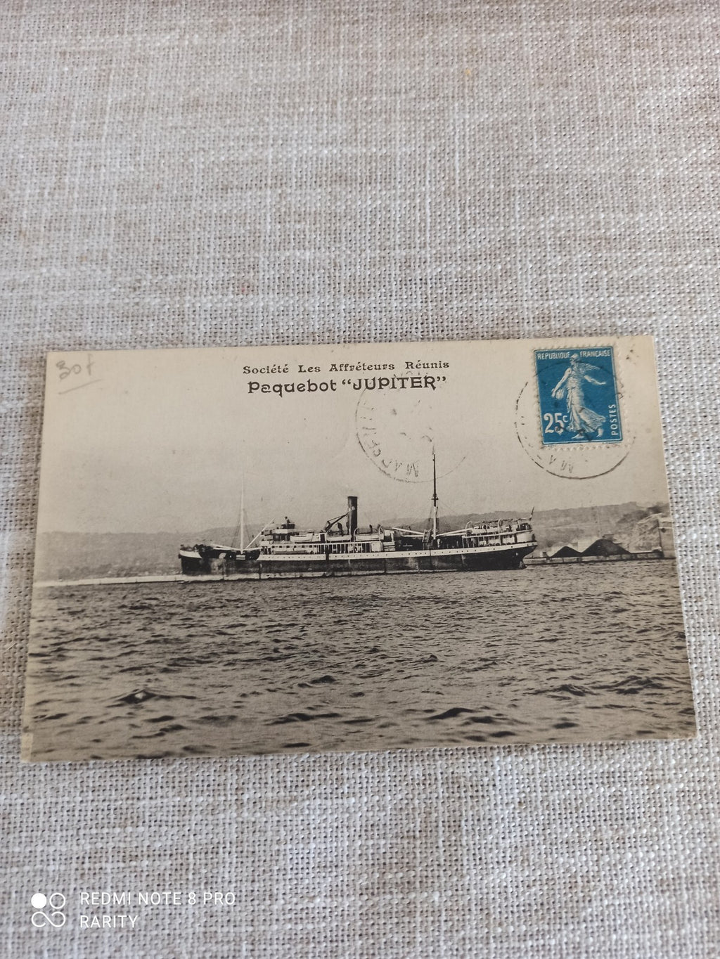 Carte postale ancienne paquebot Jupiter Affréteurs Réunis maritime timbre