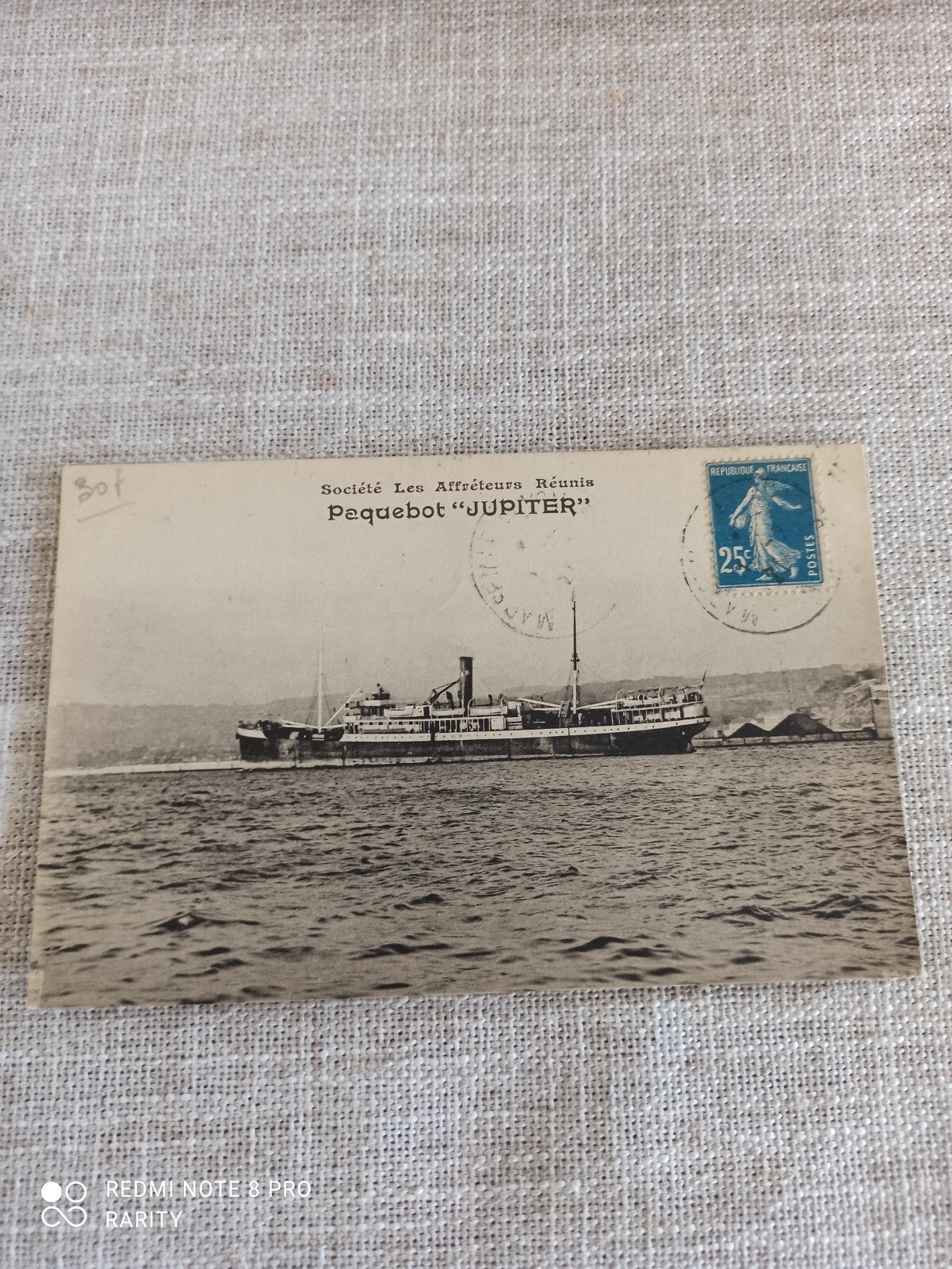 Carte postale ancienne paquebot Jupiter Affréteurs Réunis maritime timbre