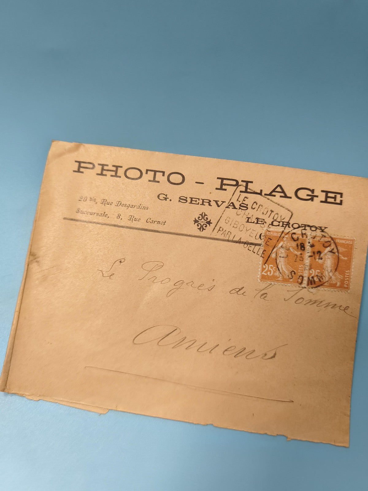 Ancienne enveloppe oblitérée début XXe, Photo-Plage Le Crotoy Amiens philatélie
