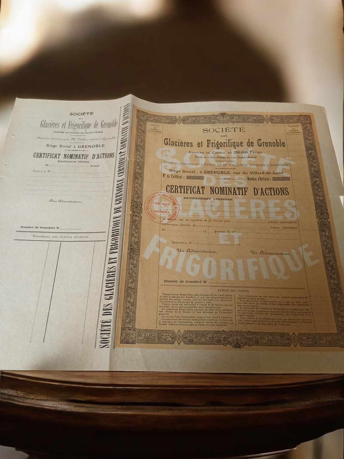 Certificat action nominative Glacières Grenoble vintage 1920 ancien titre financ