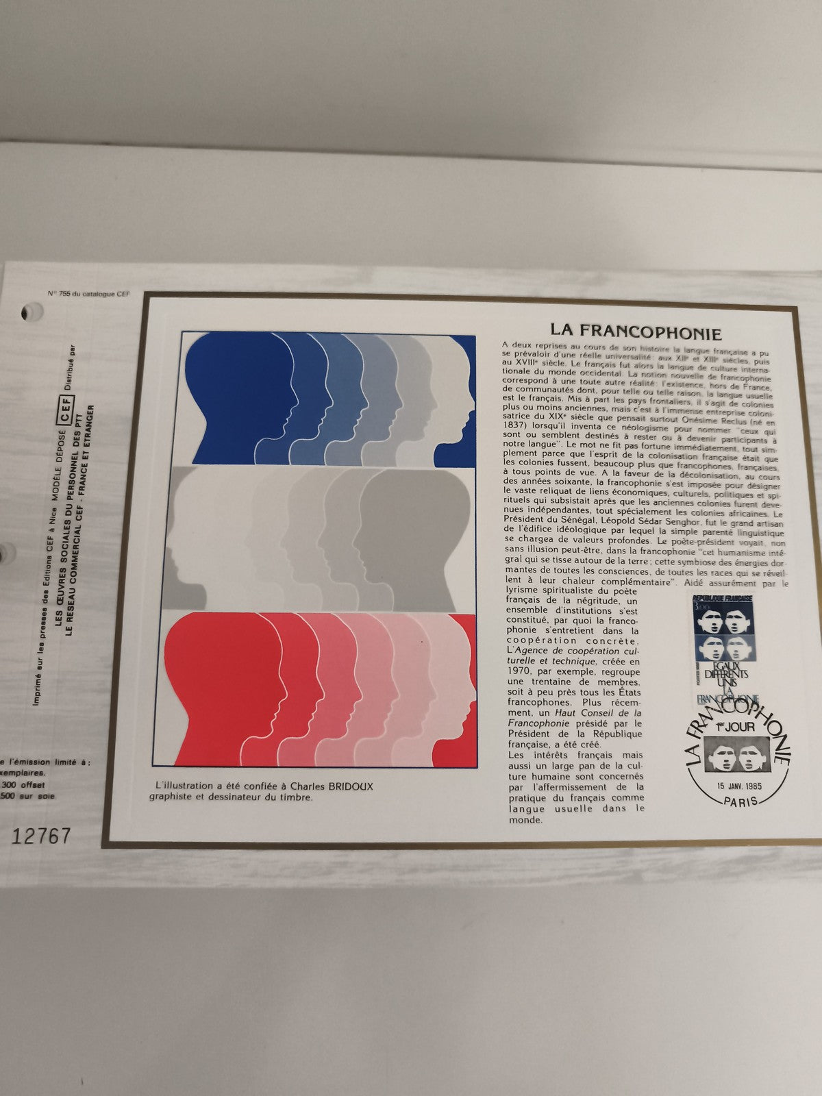 Feuillet philatélique CEF La Francophonie 1985 Charles Bridoux timbre oblitéré