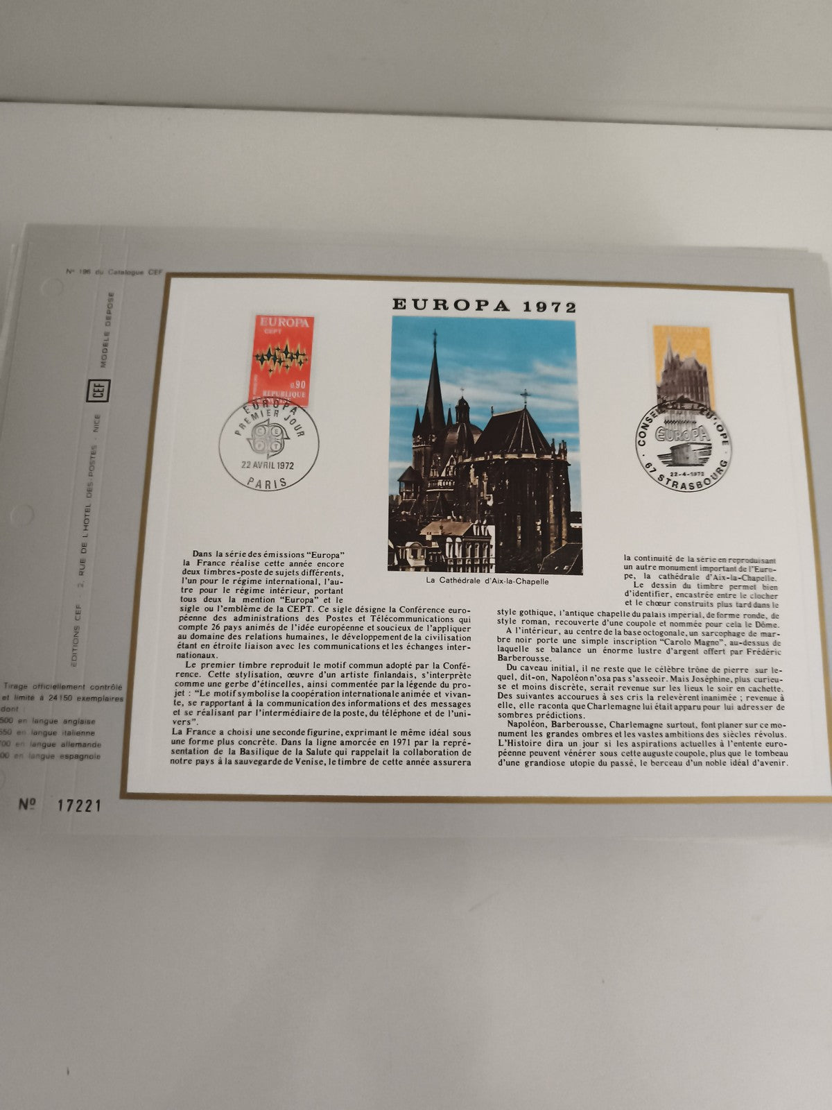 Feuillet philatélique CEF Europa 1972 Cathédrale Aix-la-Chapelle timbres oblitér