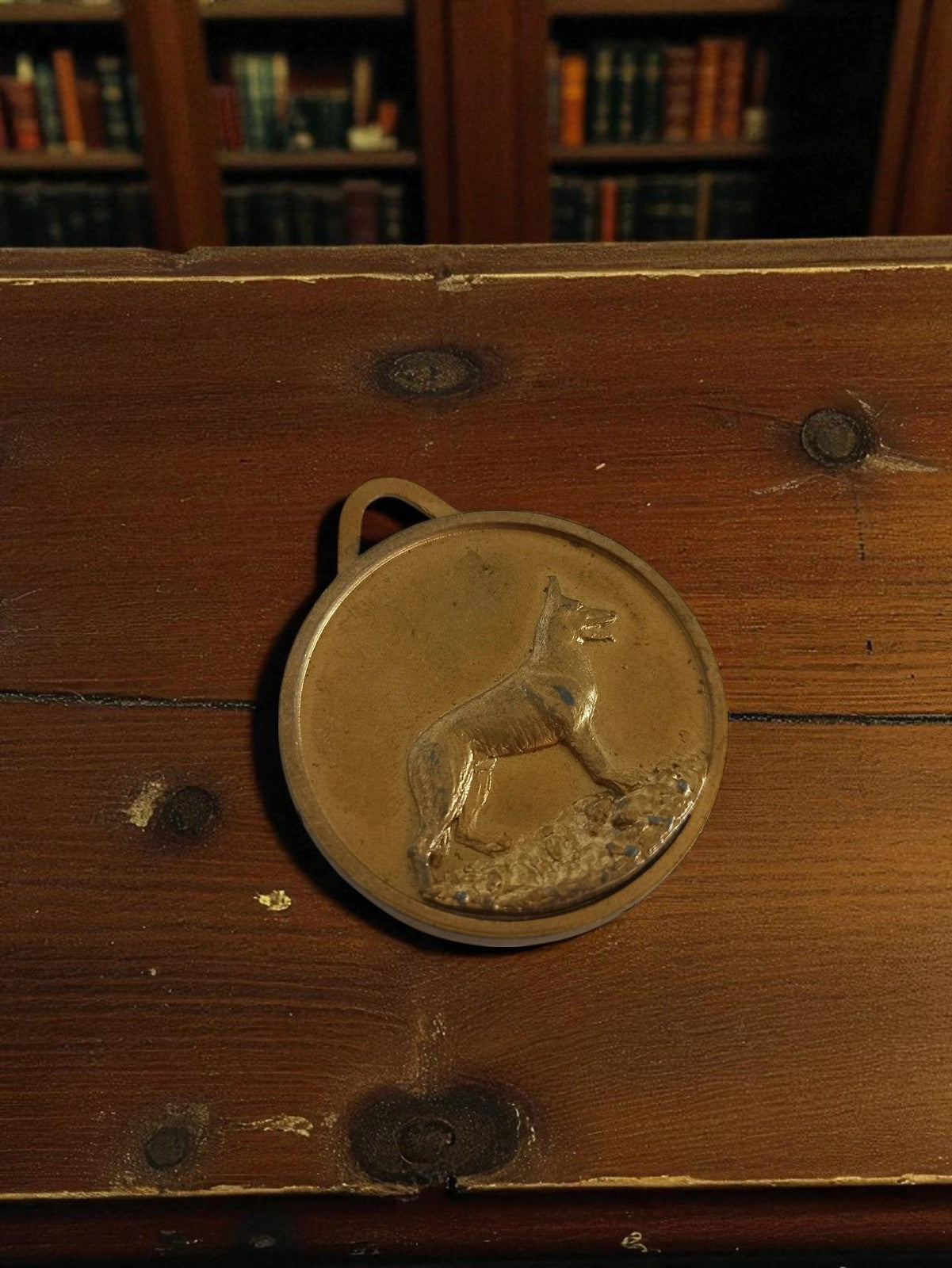 Médaille maître-chien vintage métal doré relief chien dressé