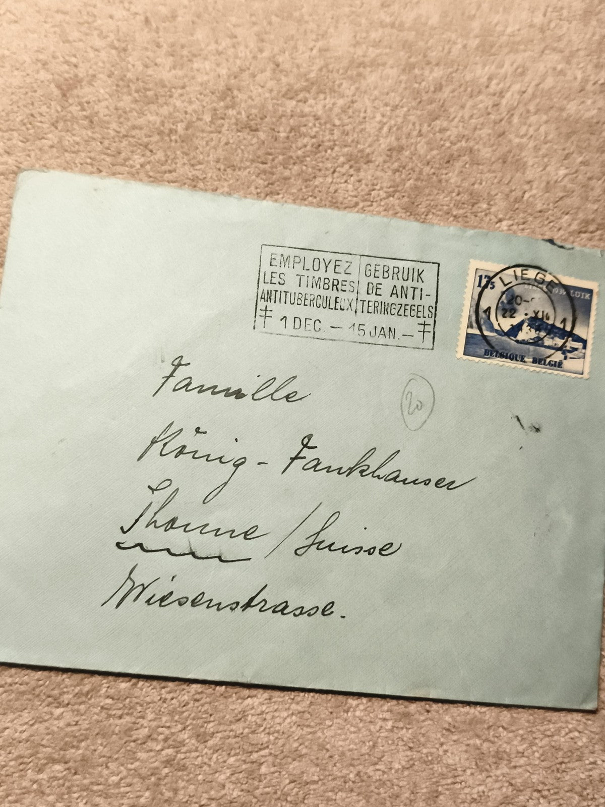 Lettre timbrée Belgique Liege 1922 oblitération bleue Philatélie (Ref 10)
