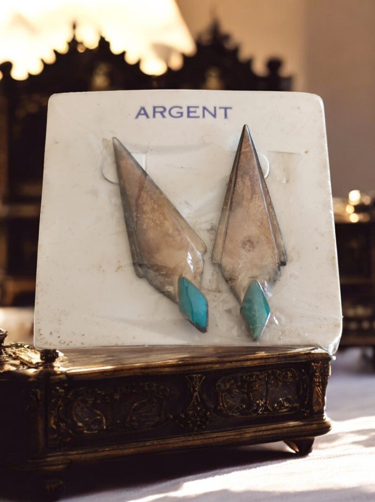 Boucles d'oreilles vintage argent massif géométriques art déco turquoise