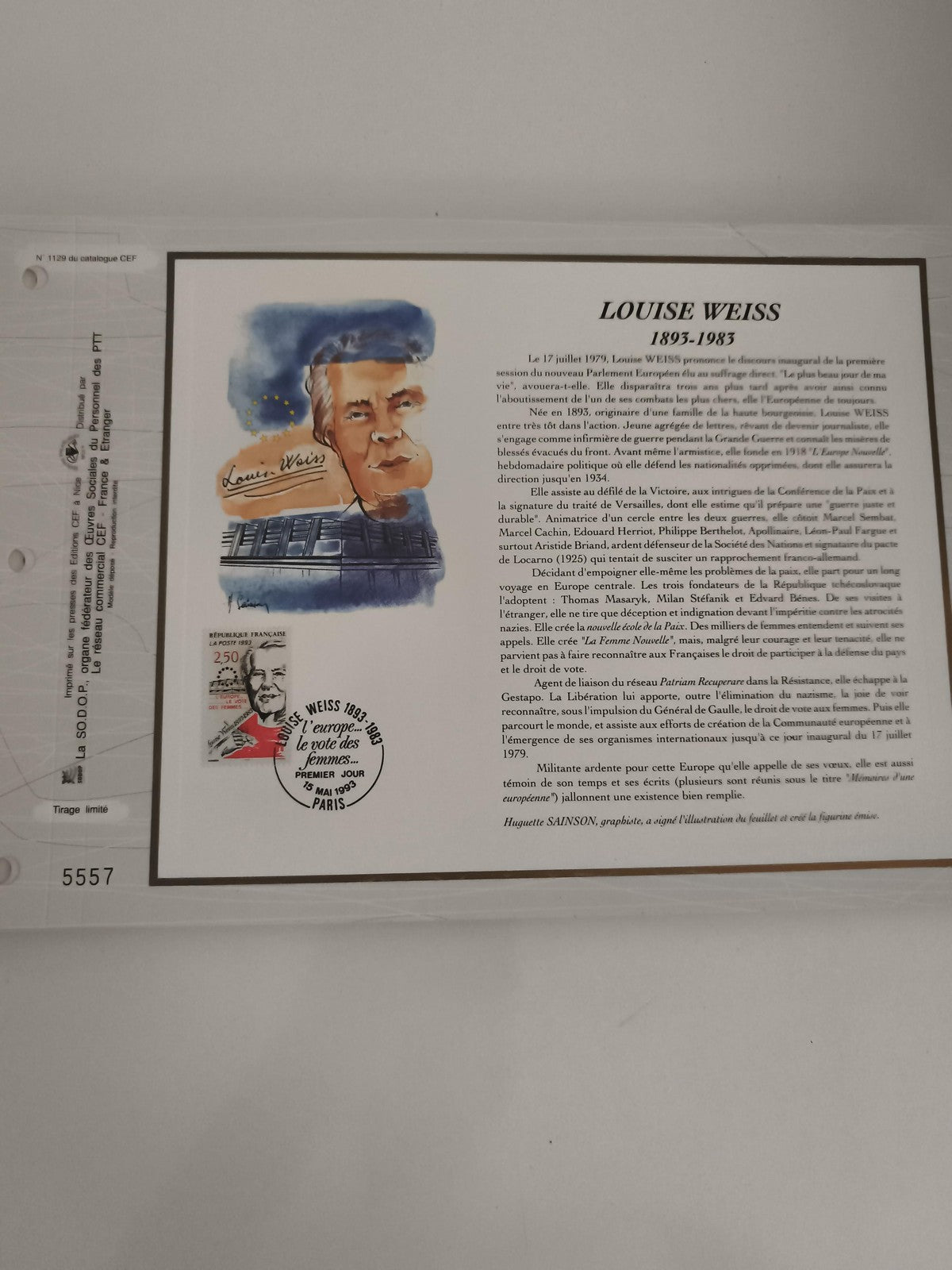 Feuillet CEF Louise Weiss 1893-1983 Premier Jour timbre 250F oblitéré
