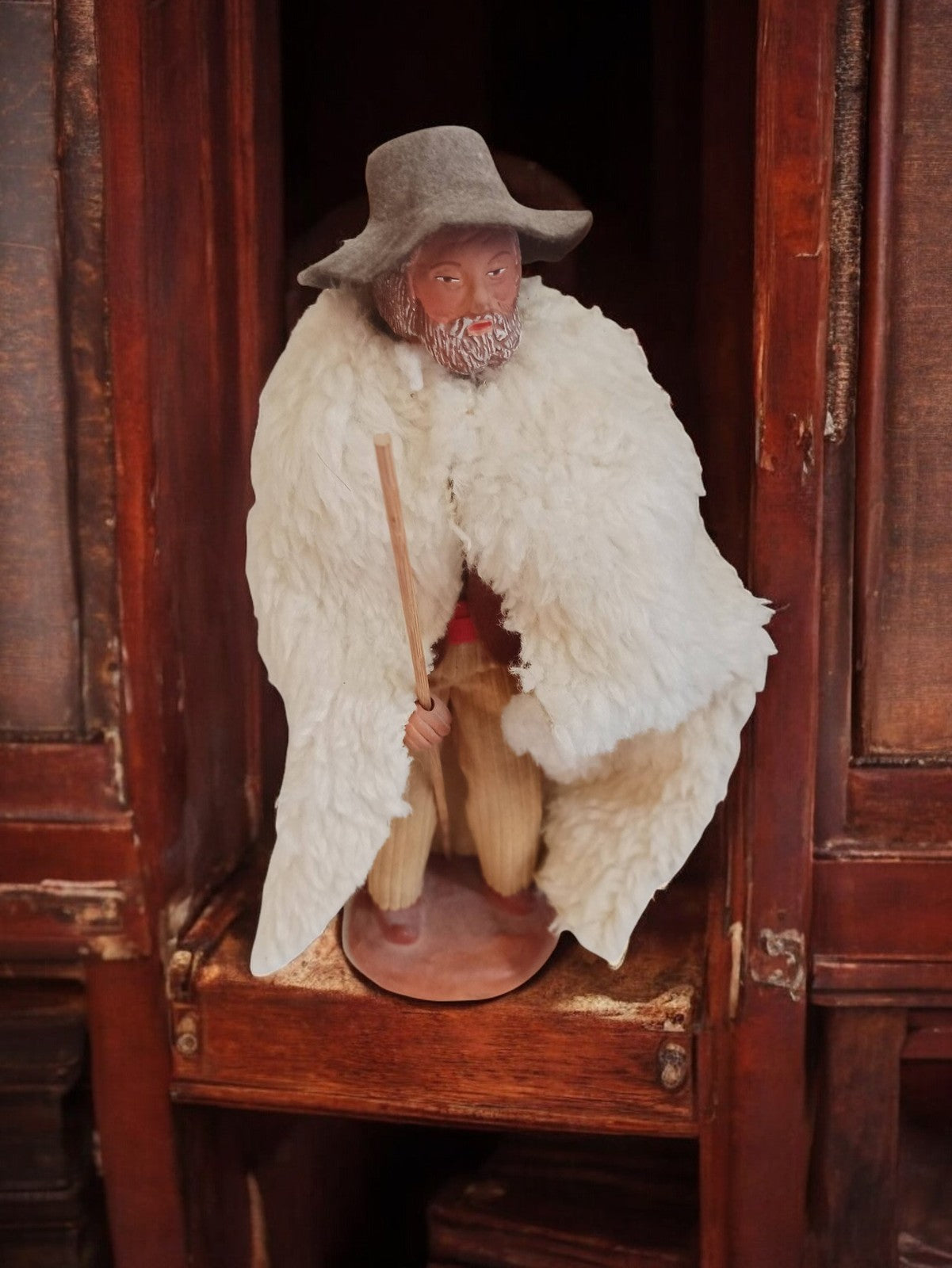 Santon ancien berger crèche vintage cape laine, figurine déco rétro signée