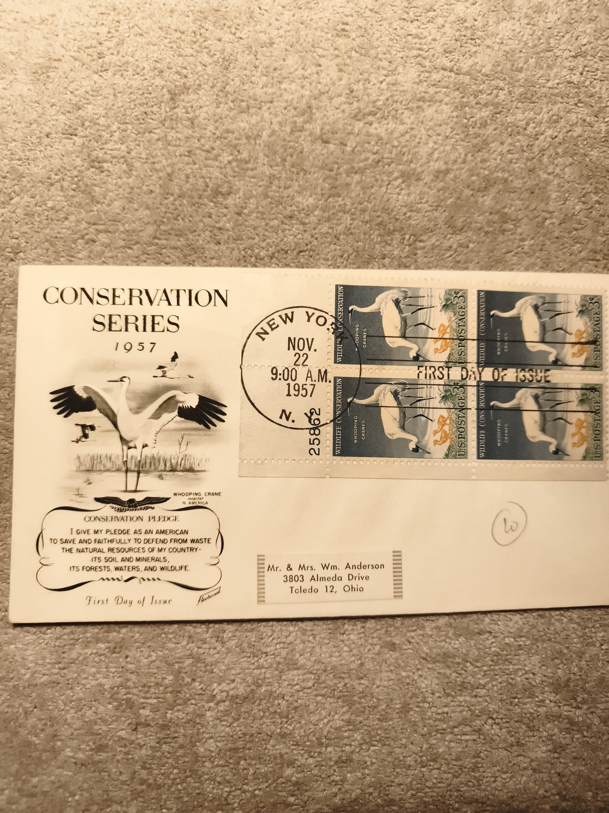 Enveloppe 1er jour 1957 Conservation Series USA timbres Whooping Crane Philatéli