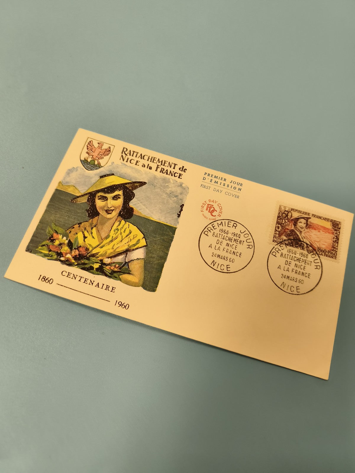 Enveloppe premier jour Nice à la France FDC illustrée 1960 timbre chapeau Ref 10
