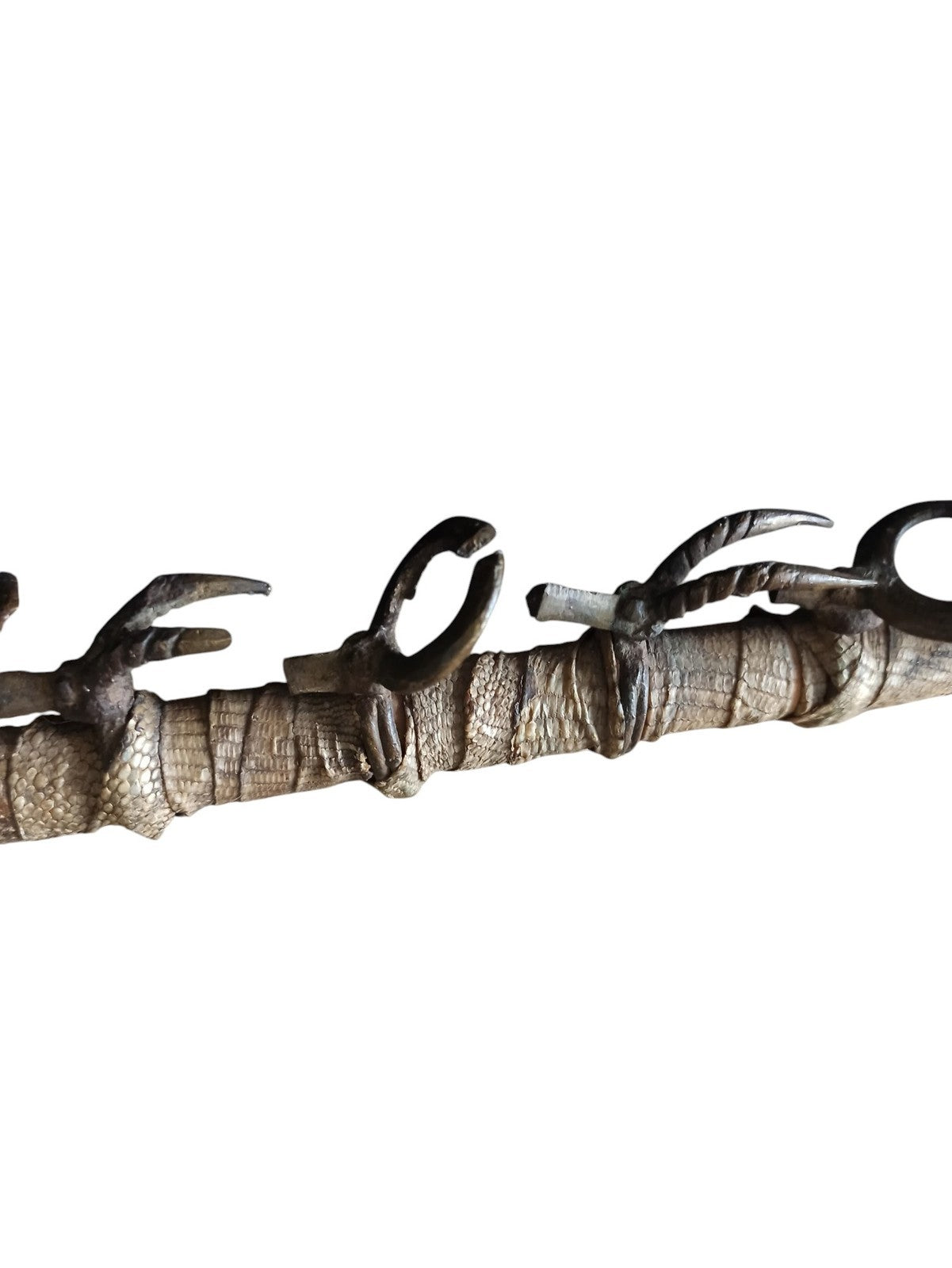 Pipe africaine ancienne bois serpent bronze, sculpture ethnique décorative