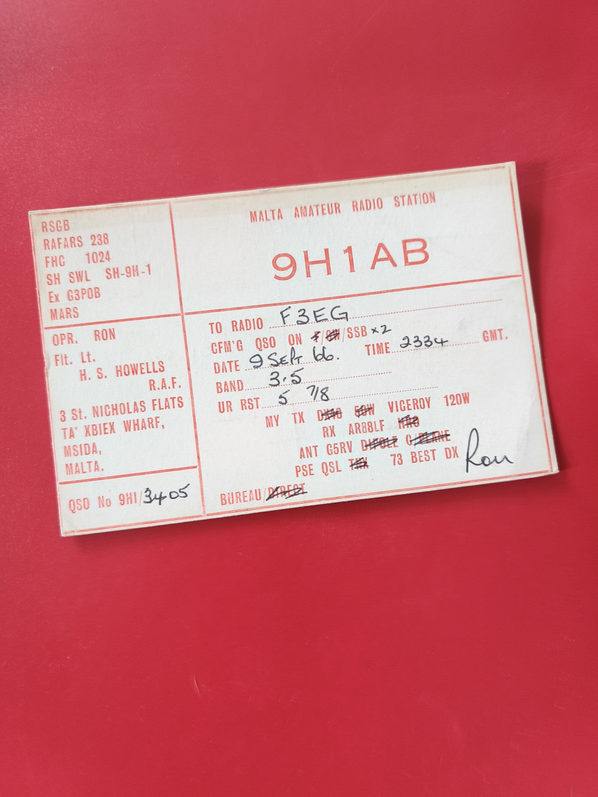 Carte radio QSL 9H1AB Malta Amateur Radio Station, inscription manuscrite, recta