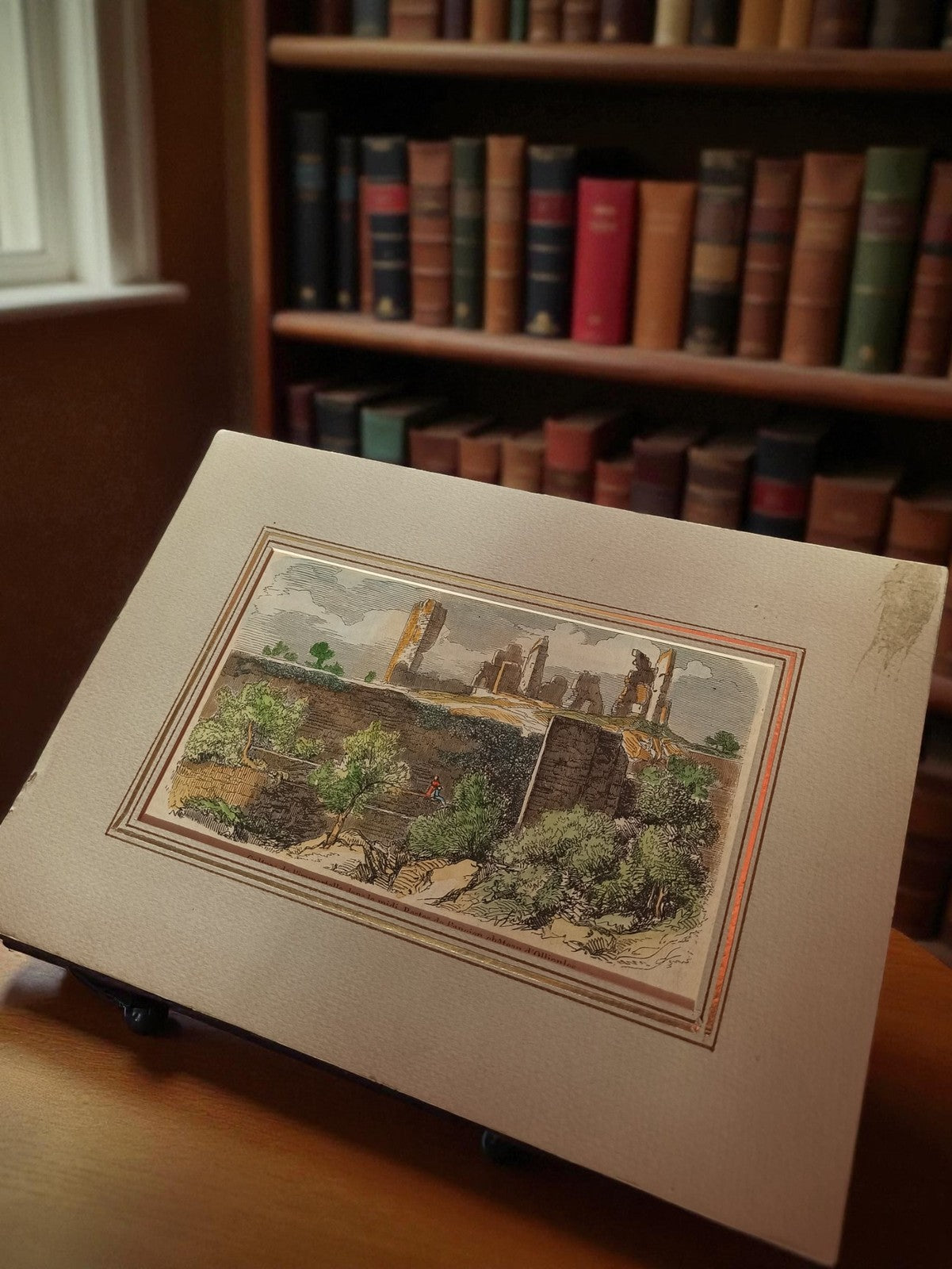 Gravure ancienne paysage ruines, illustration vintage, encadrement rétro