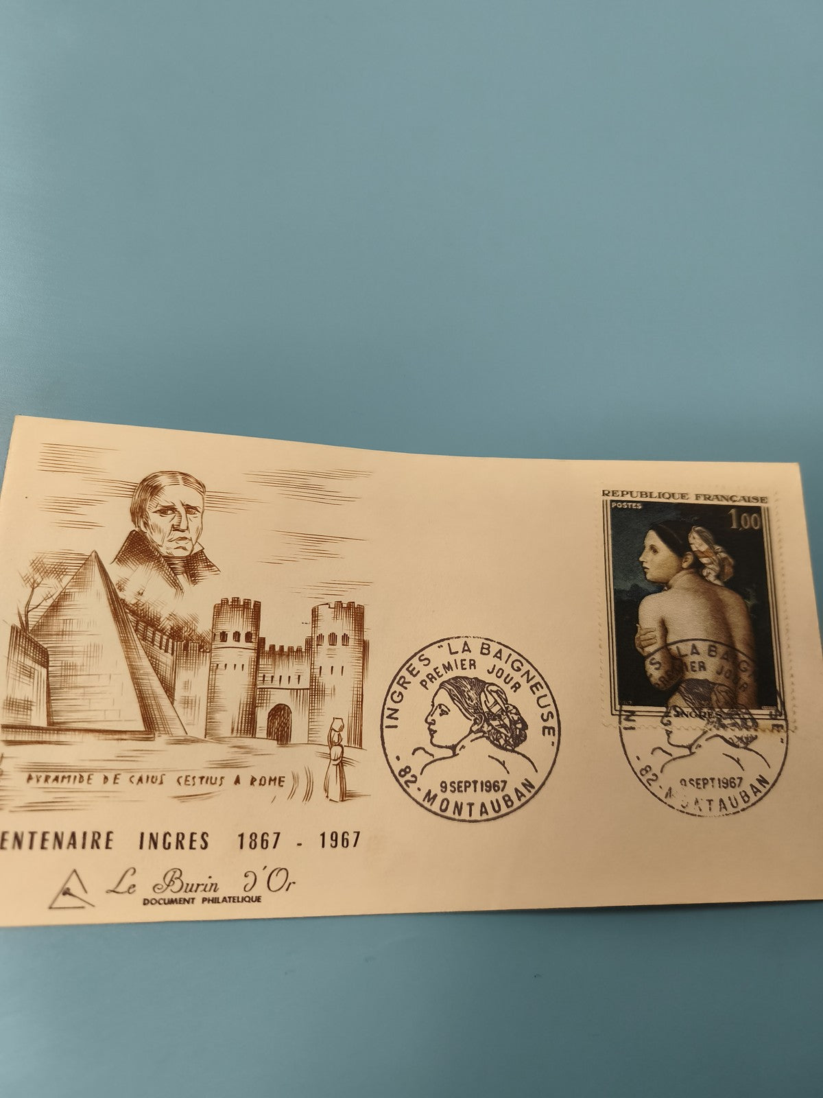 Enveloppe FDC premier jour Ingres 1967 Montauban timbre 1F dessin pyramide