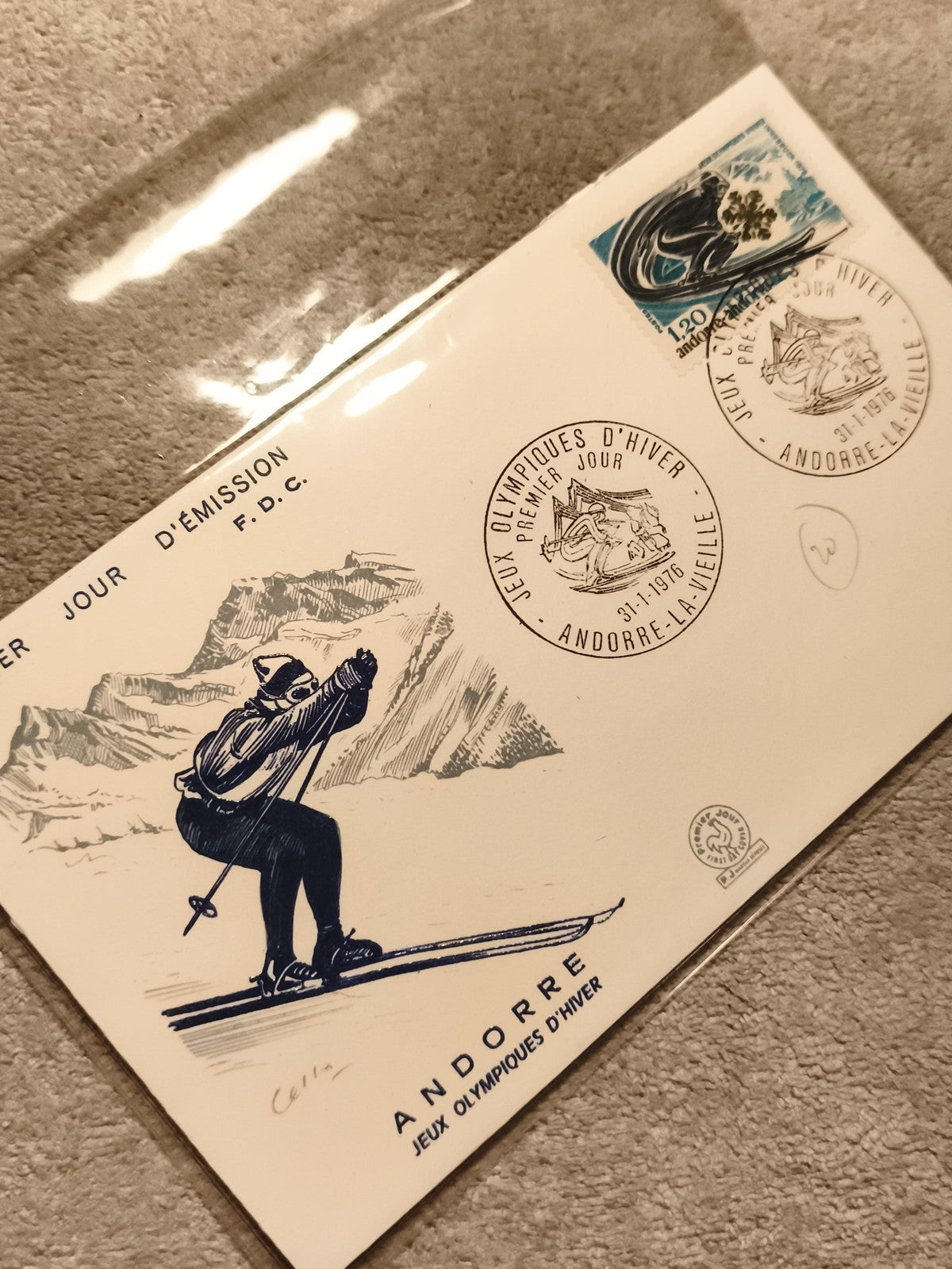 Lettre FDC Andorre Jeux Olympiques Hiver 1976 timbre 1,20 ski enveloppe premier