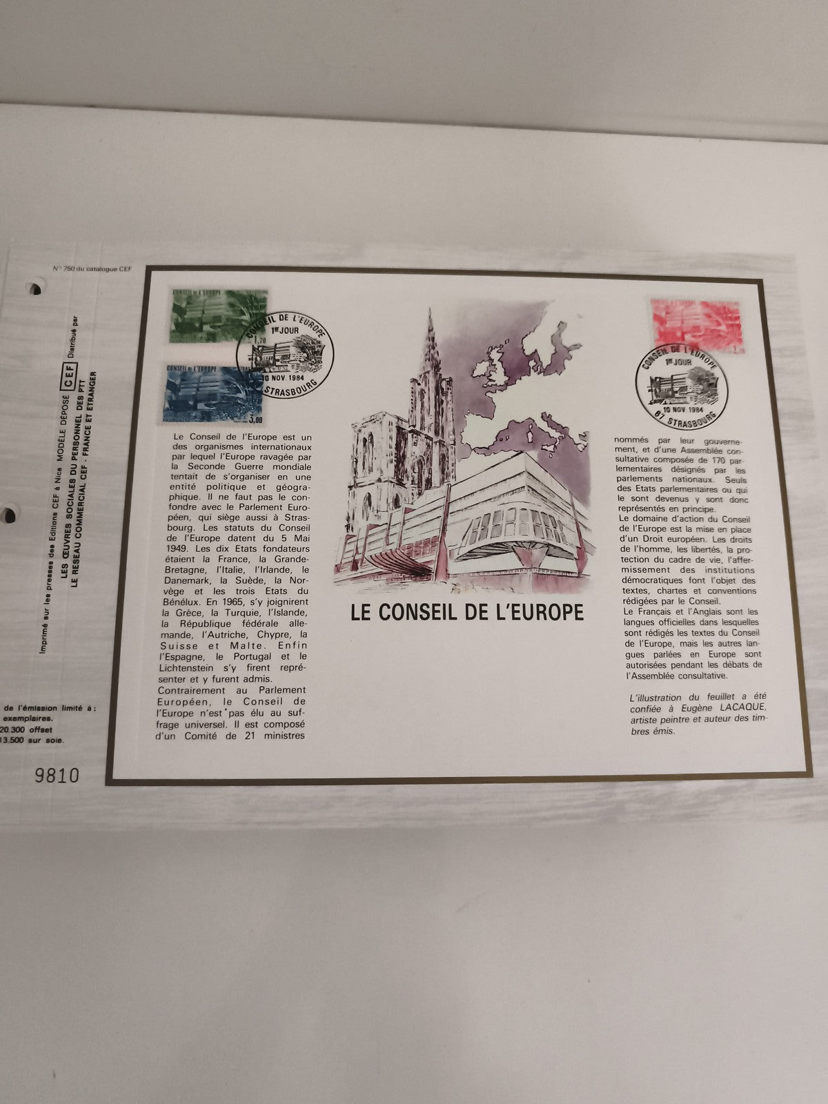 Feuillet CEF Conseil de l'Europe Strasbourg 1984 timbres premier jour philatélie