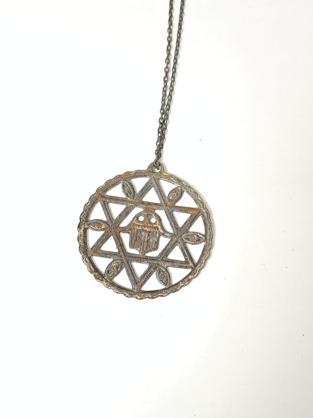 Vintage antique Fatima hand pendant necklace large size retro jewelry collect