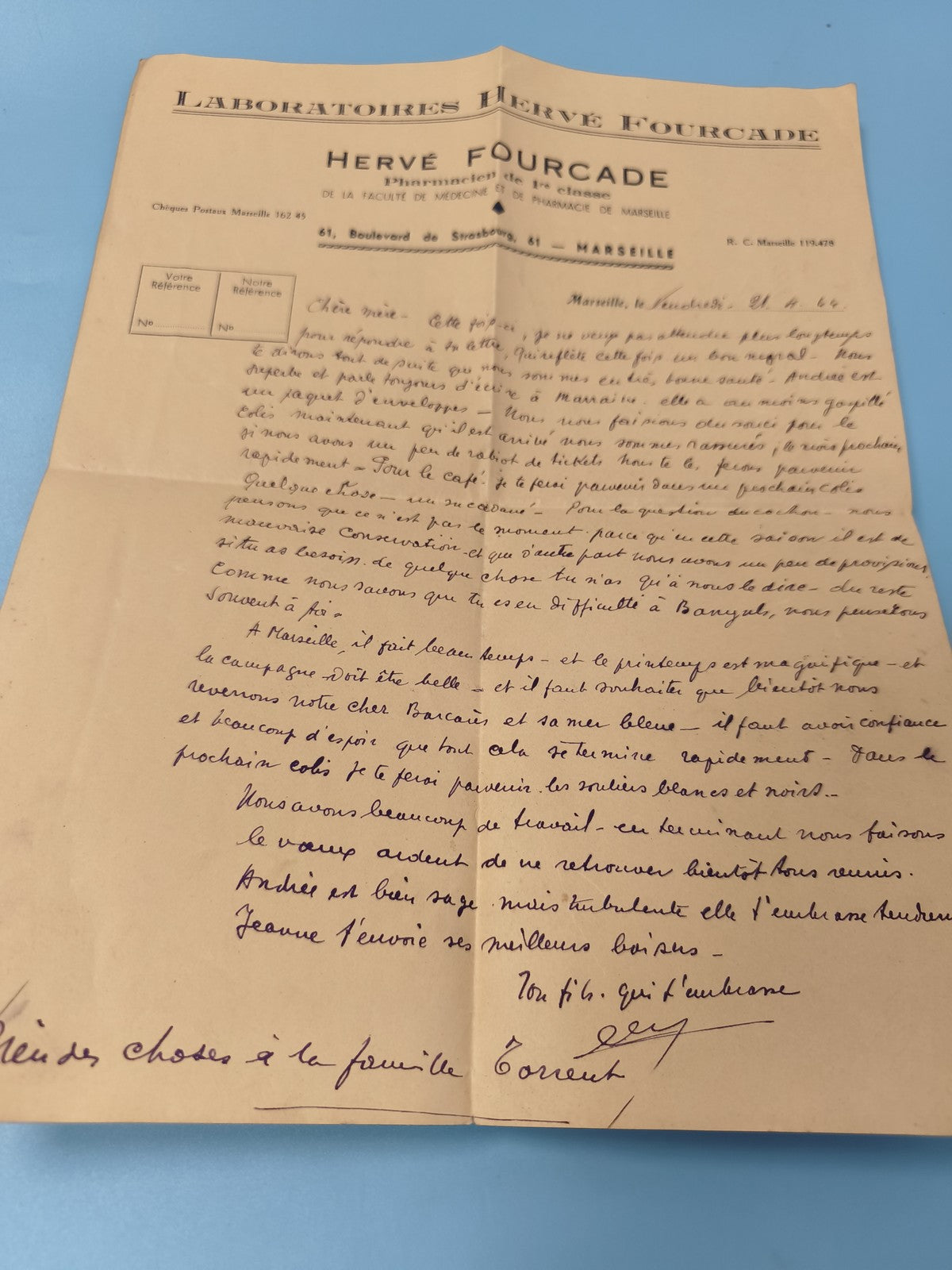Ancienne lettre manuscrite Laboratoires Hervé Fourcade Marseille papier à en-têt