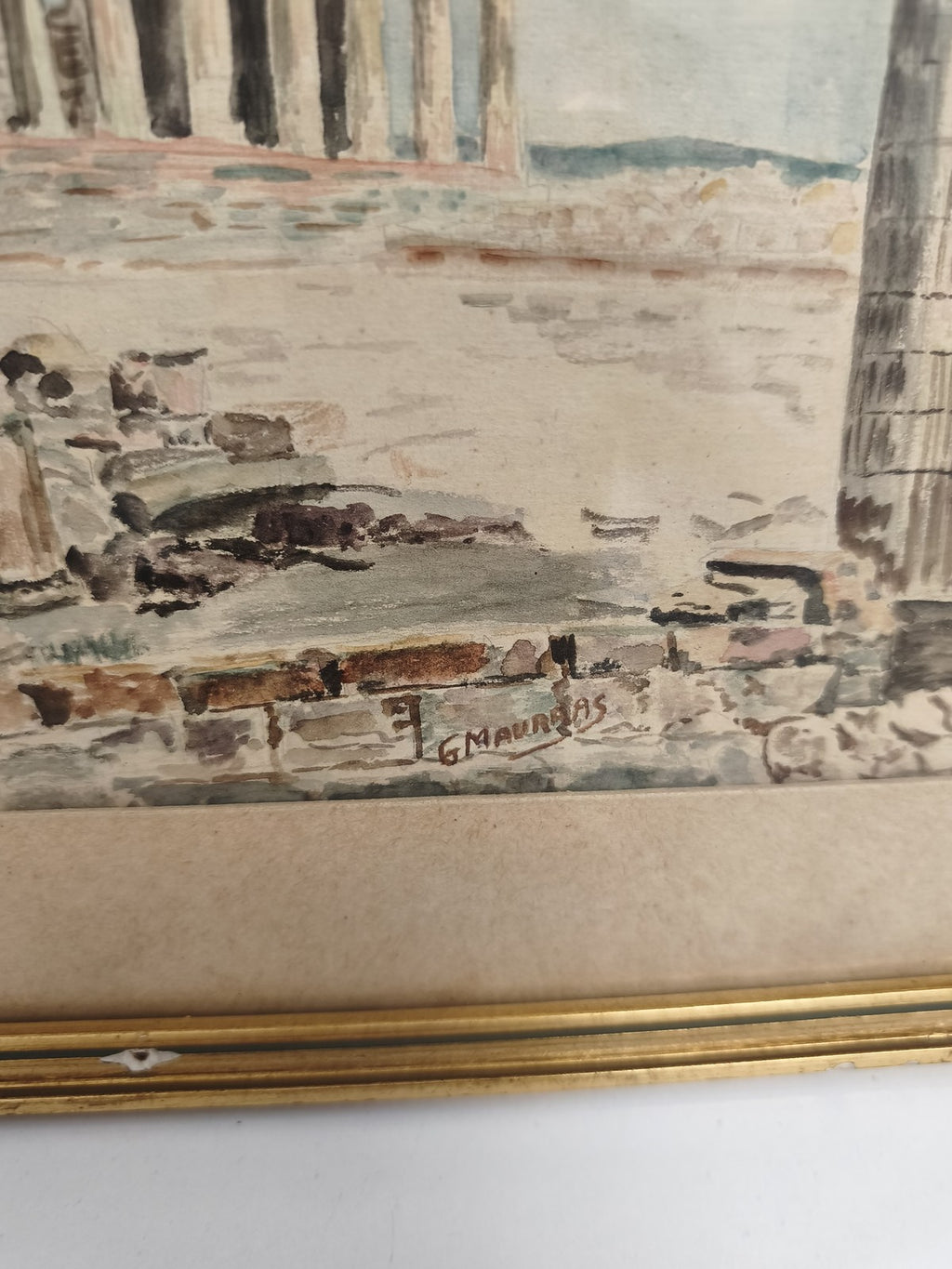Tableau ancien aquarelle ruines grecques signé Maurras cadre doré vintage