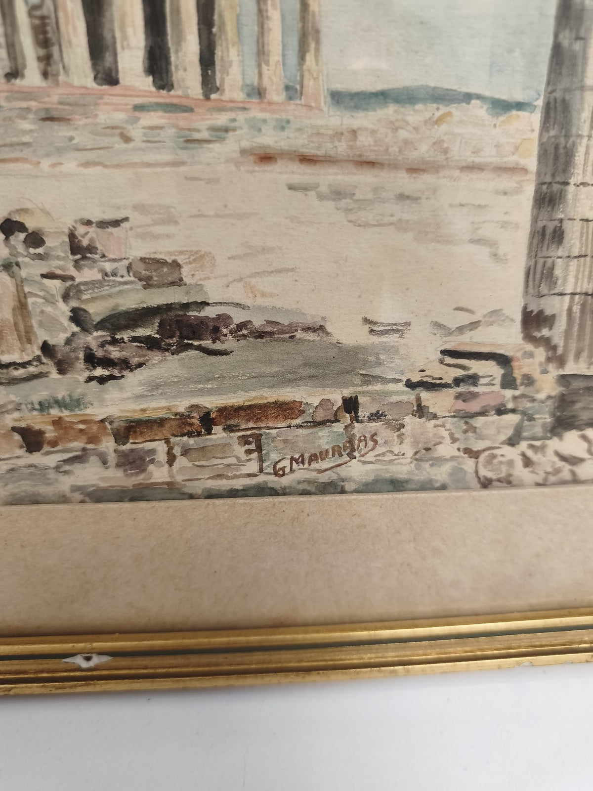 Tableau ancien aquarelle ruines grecques signé Maurras cadre doré vintage