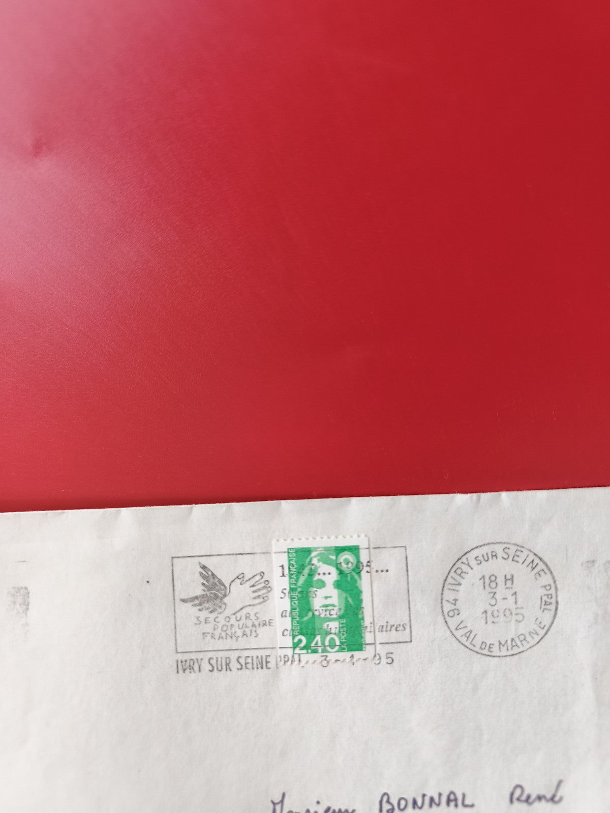 Enveloppe philatélie avec timbre Marianne vert 2,40 F oblitérée Ivry-sur-Seine