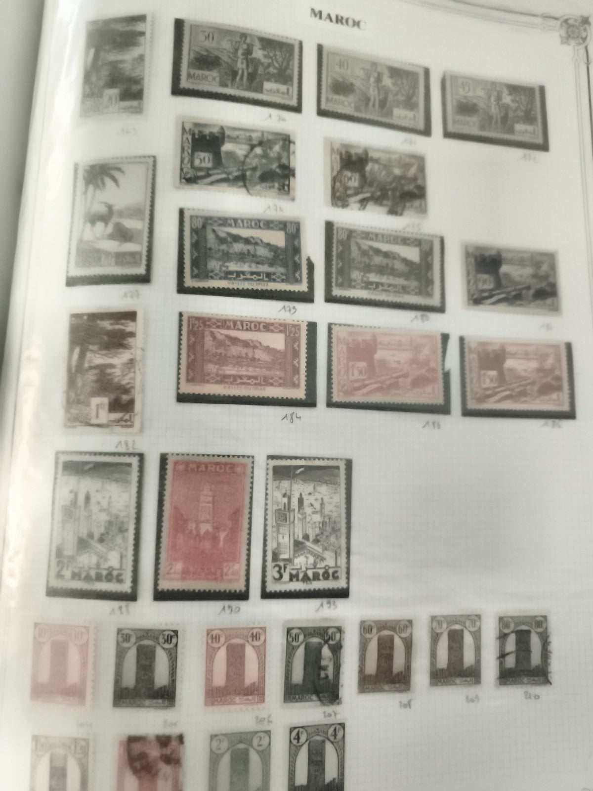 Timbres Maroc anciens oblitérés, paysages, monuments, philatélie, lot varié