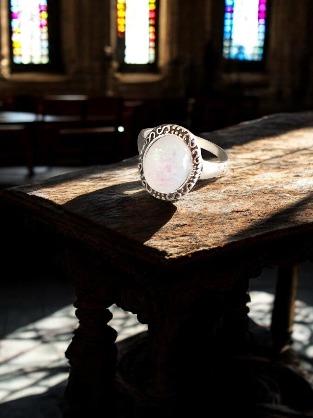 Bague vintage créateur cabochon blanc style rétro chic taille 57 femme