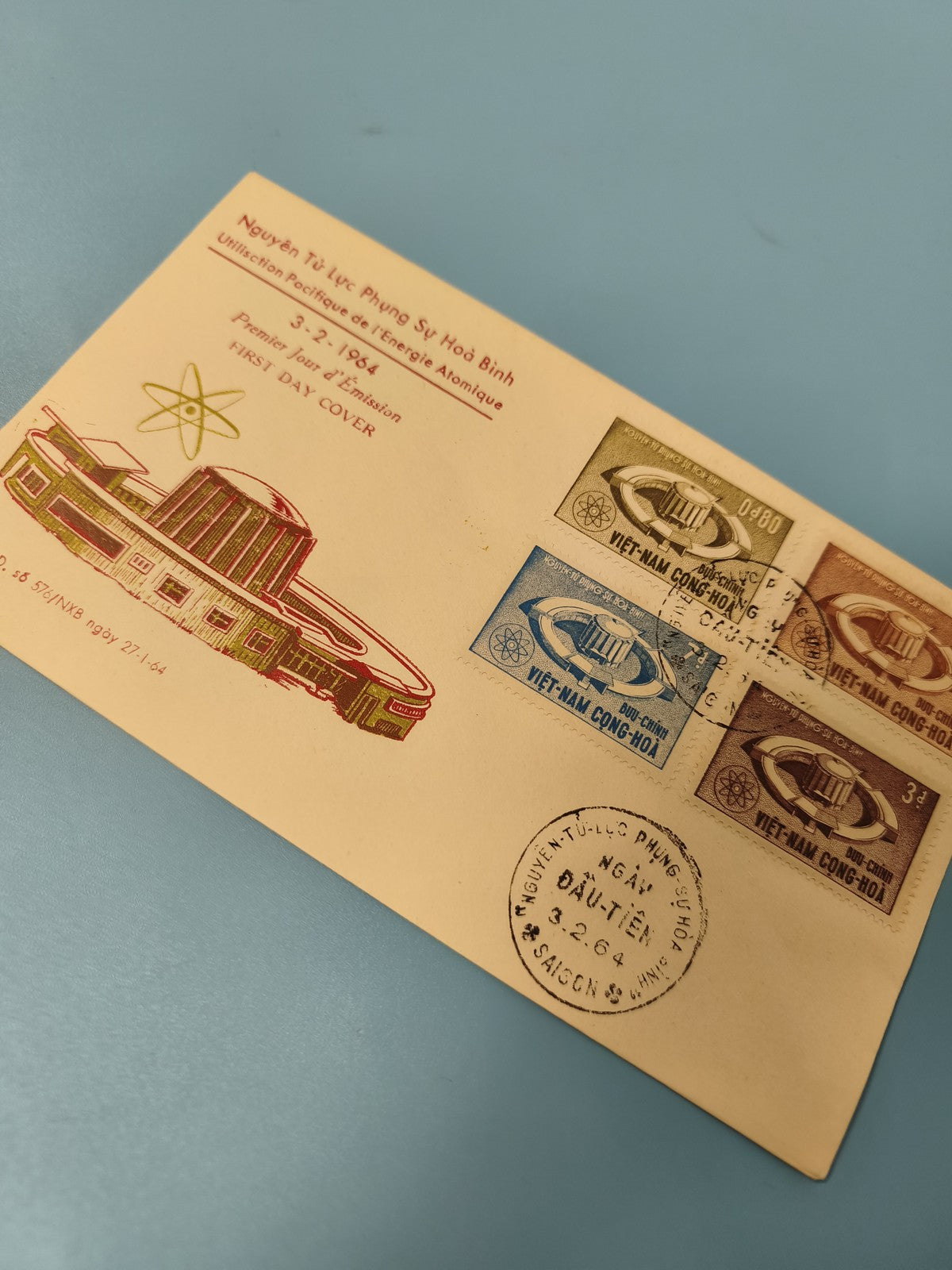 Enveloppe premier jour émission FDC Vietnam 1964, timbres énergie atomique