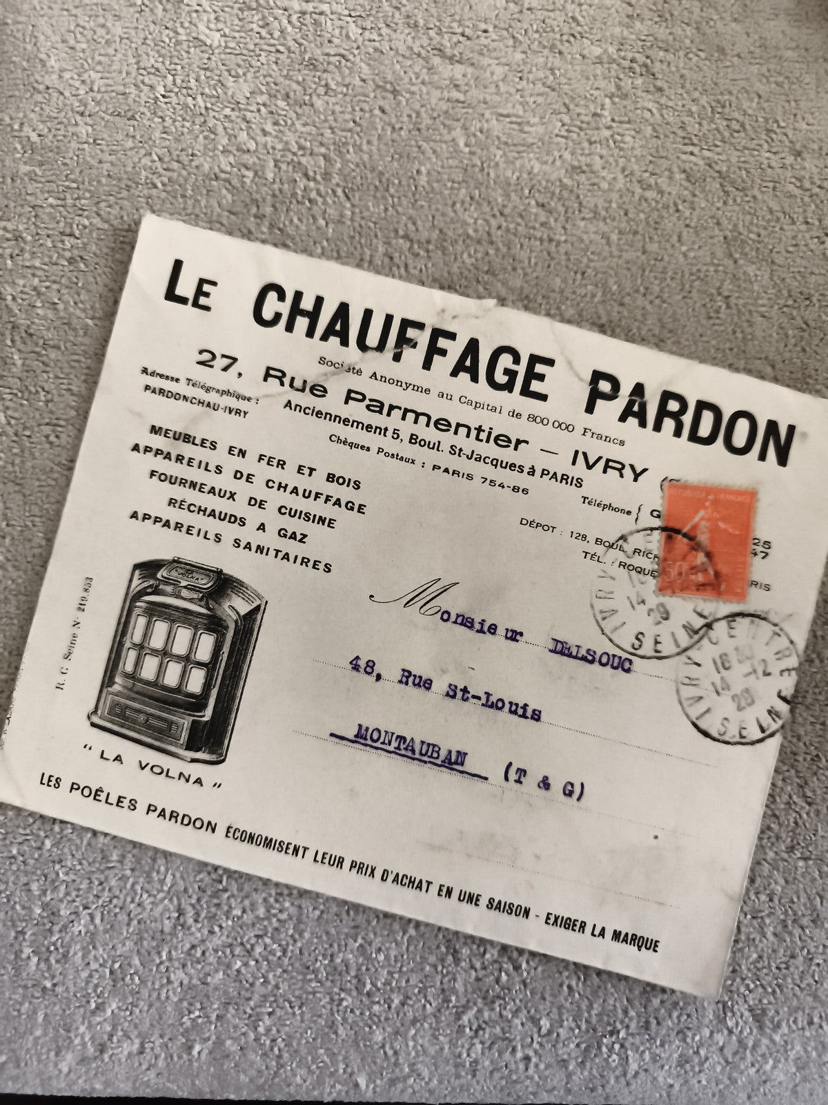 Lettre commerciale Le Chauffage Pardon Ivry timbre oblitéré philatélie France