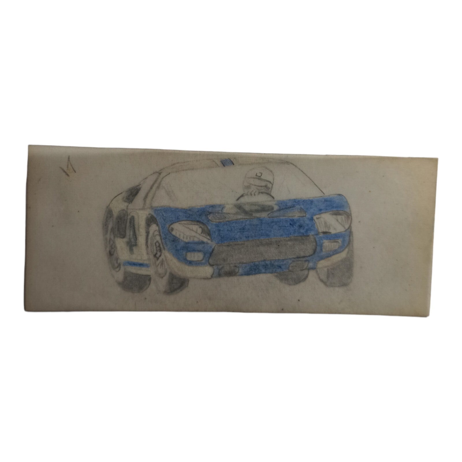 Dessin original voiture de course bleue vintage sur papier – style rétro