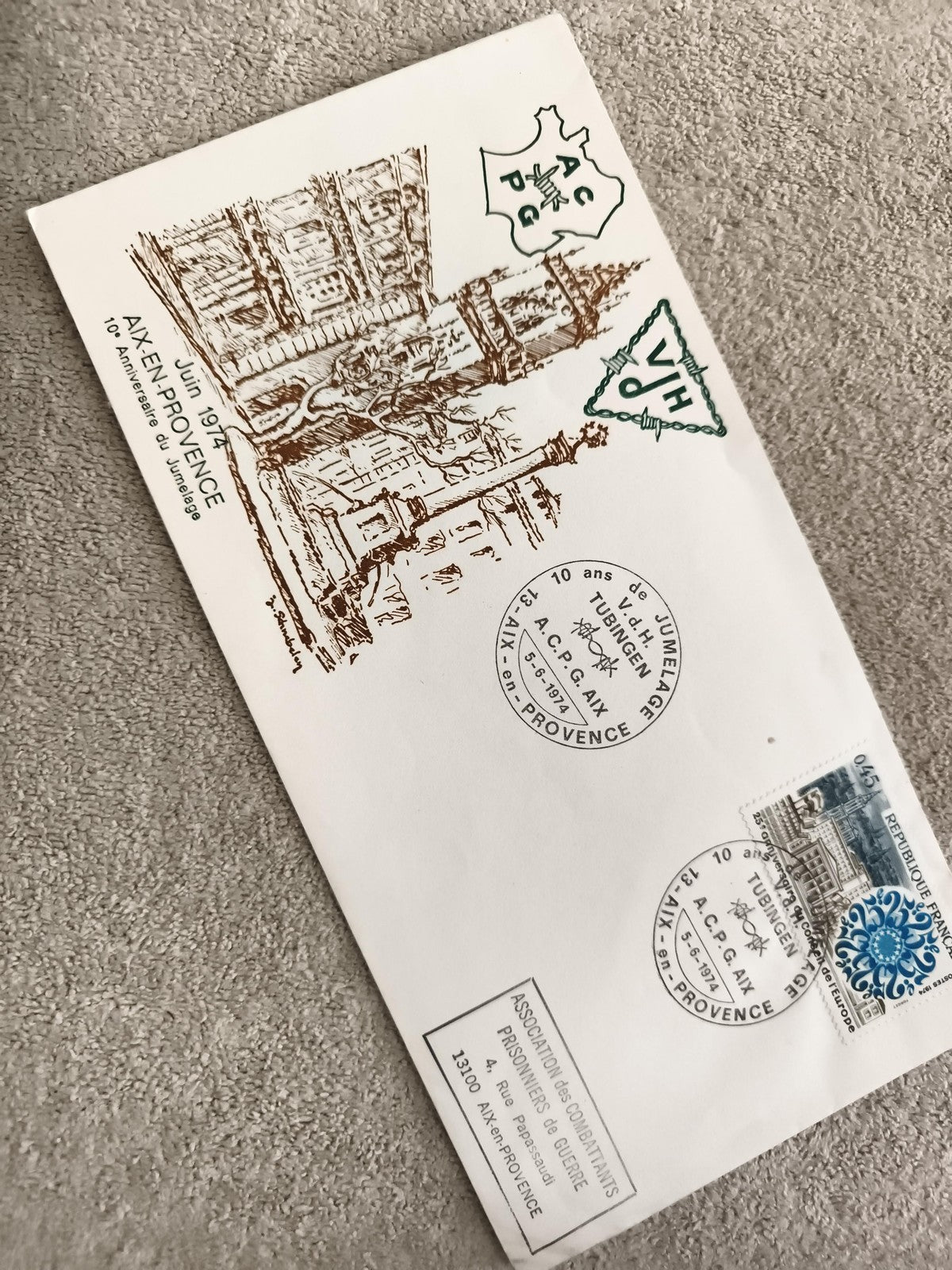 Lettre premier jour Aix-en-Provence 1974 jumelage philatélie commémorative