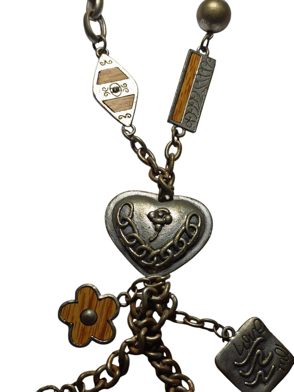 Collier fantaisie breloques Love Me cœur médaillon chaîne aspect vieilli