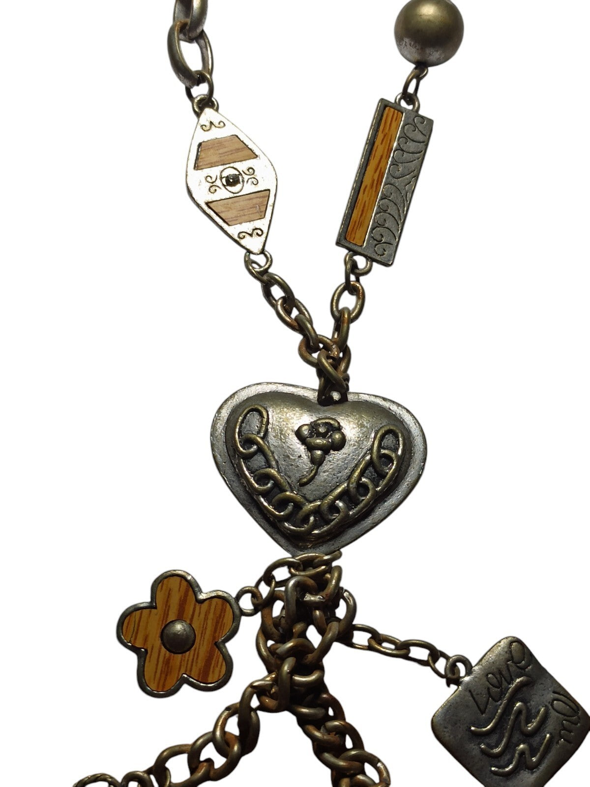 Collier fantaisie breloques Love Me cœur médaillon chaîne aspect vieilli