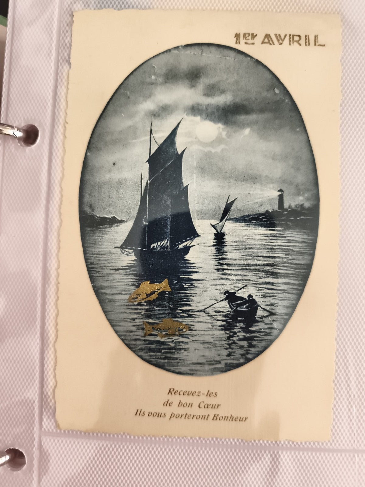 Carte postale ancienne 1er avril dorée poisson barque marine rétro CPA