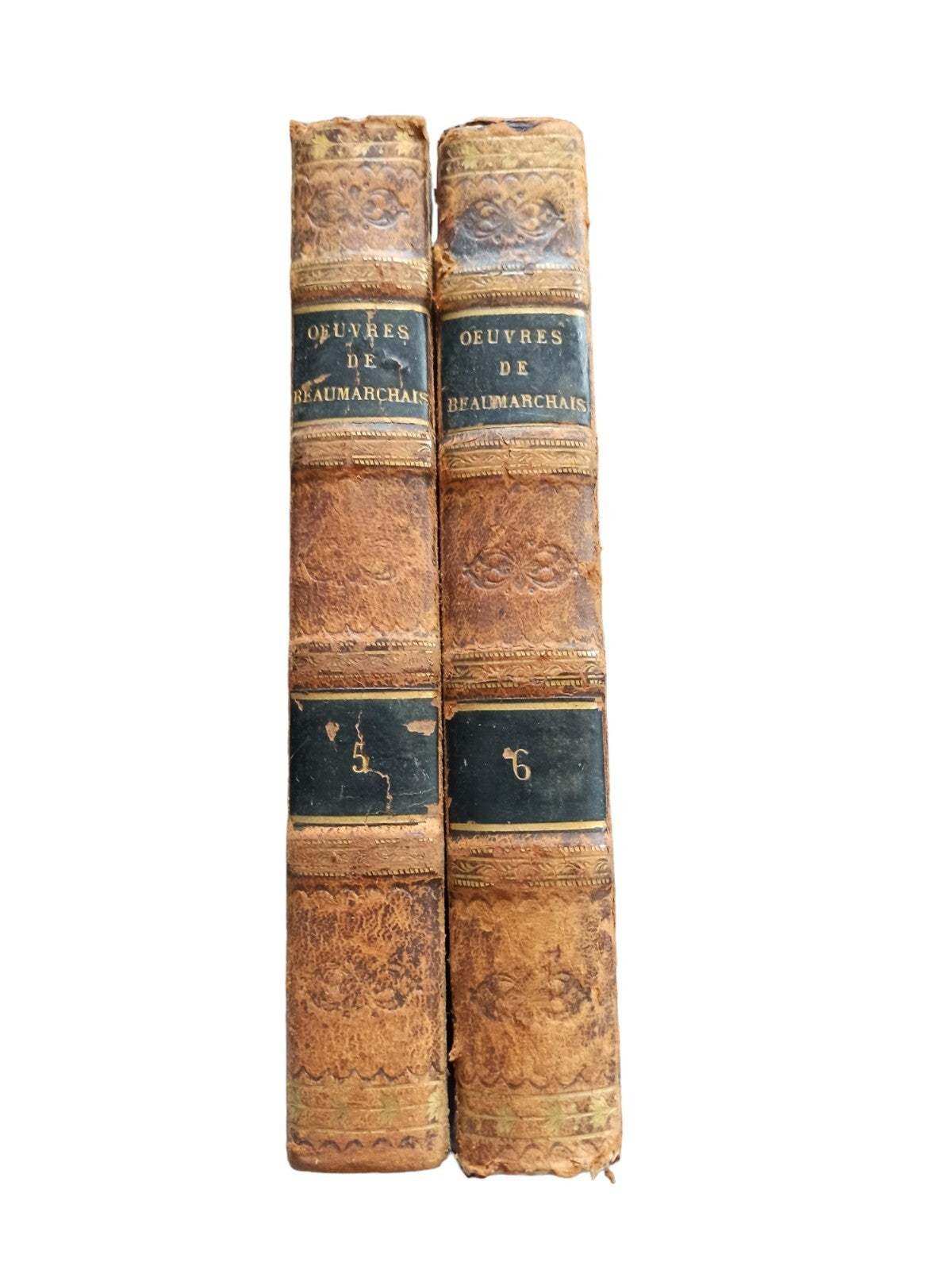 Livres anciens Oeuvres de Beaumarchais tomes 5 et 6 reliure décorée 1828