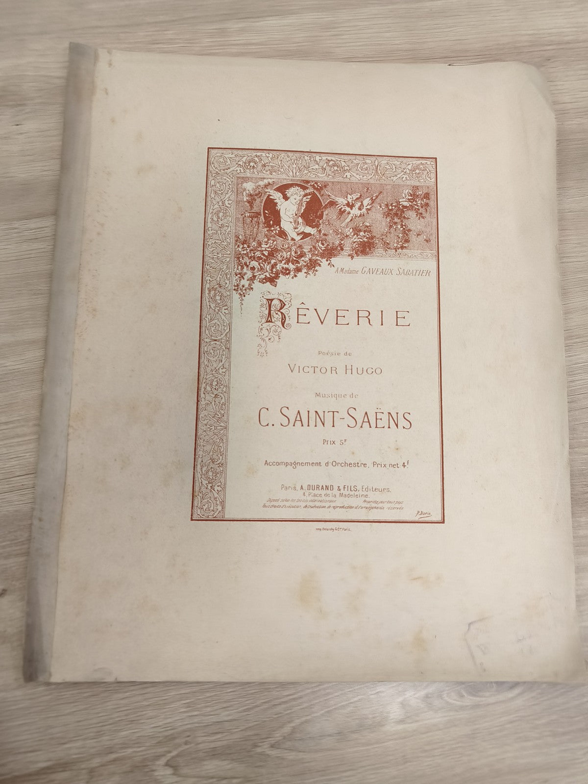 Ancien livre partitions Saint-Saëns violon piano, Réverie Victor Hugo