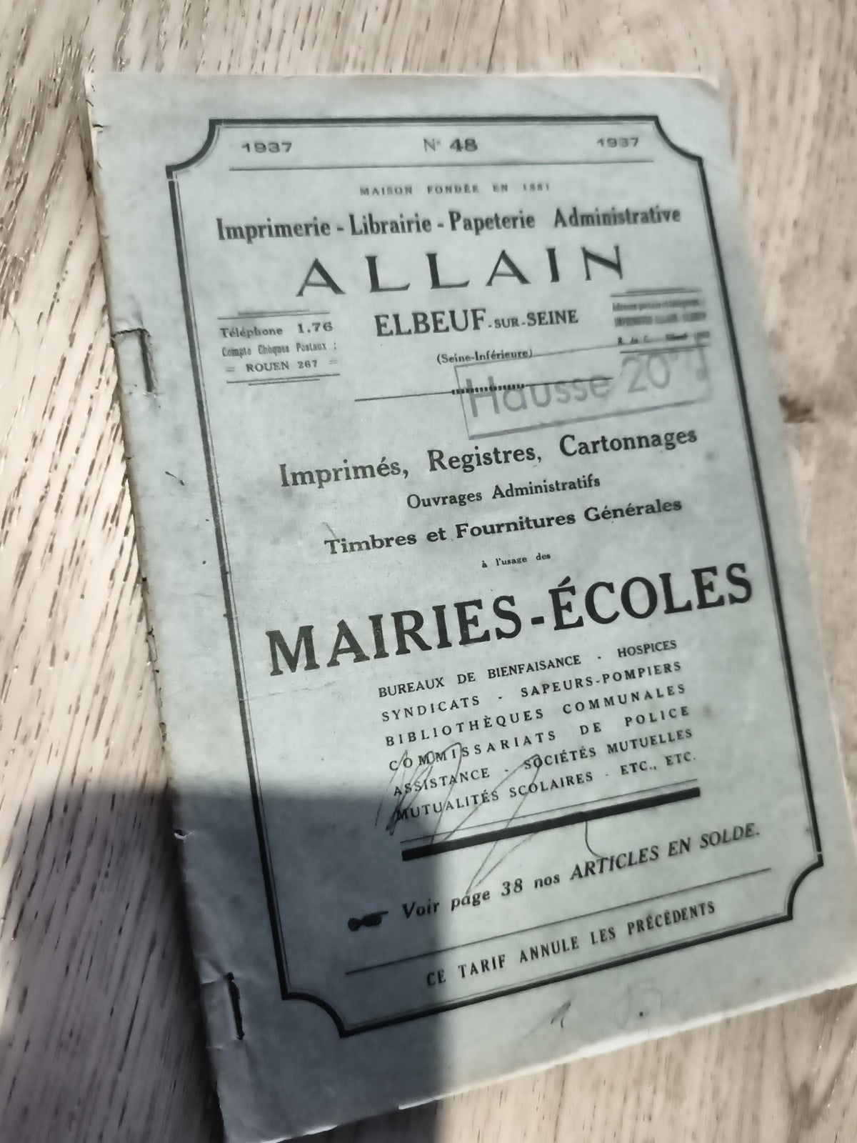 Livret ancien 1937 Imprimerie Allain Elbeuf Mairies Écoles administratif