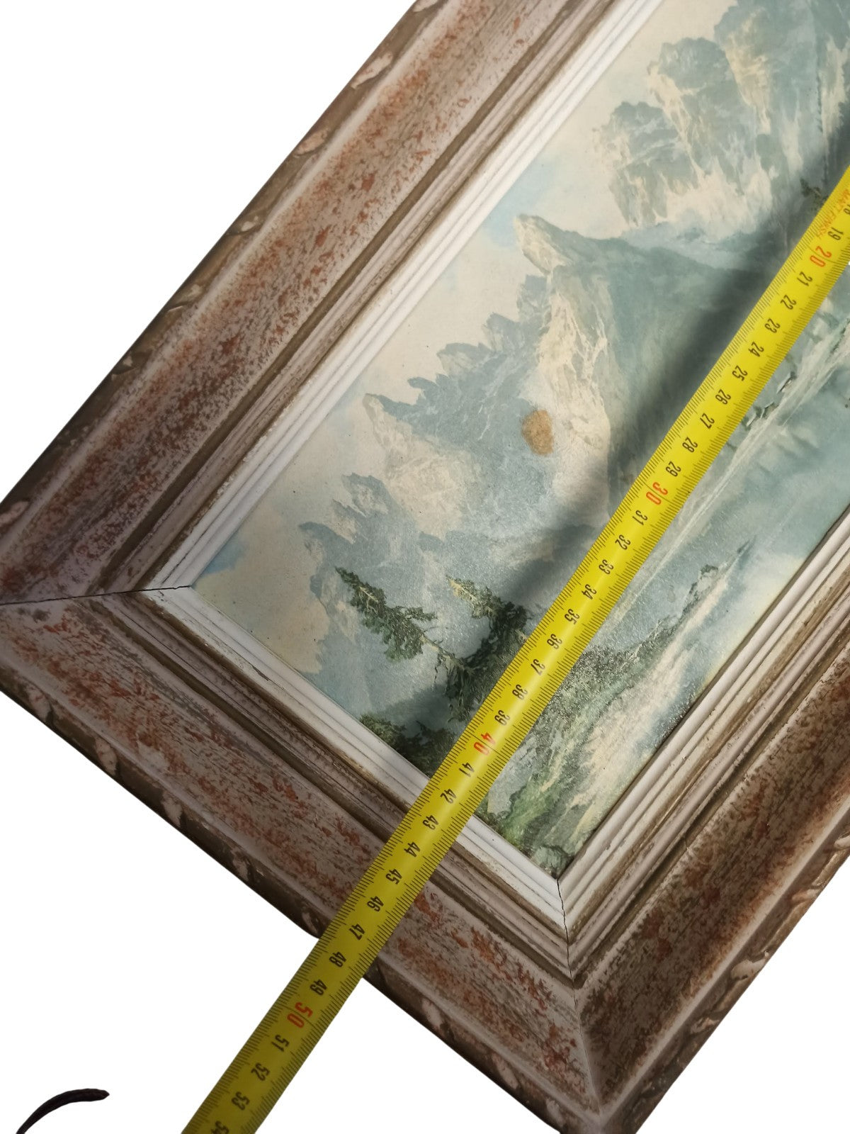 Cadre ancien années 1950 paysage montagne style rustique peinture déco vintage