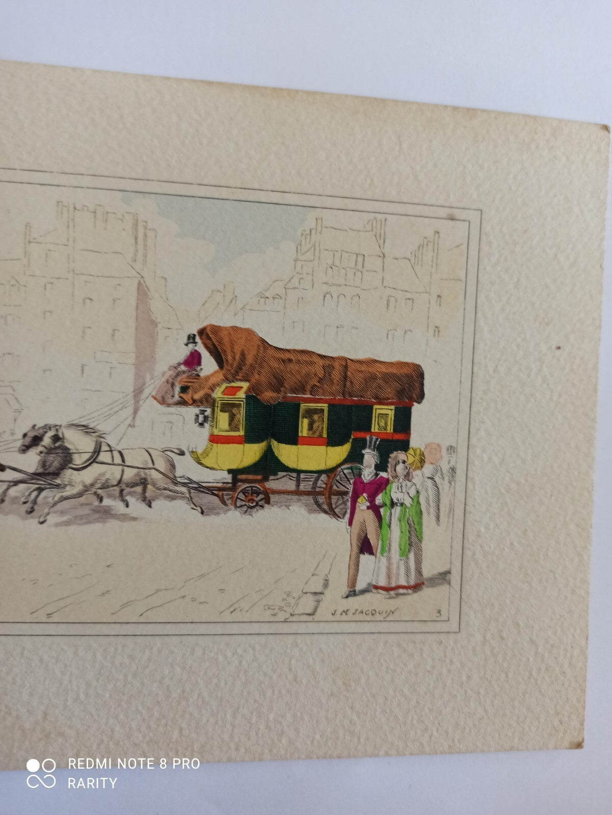 Gravure ancienne diligence J.M. Jacquin, lithographie couleur vintage art