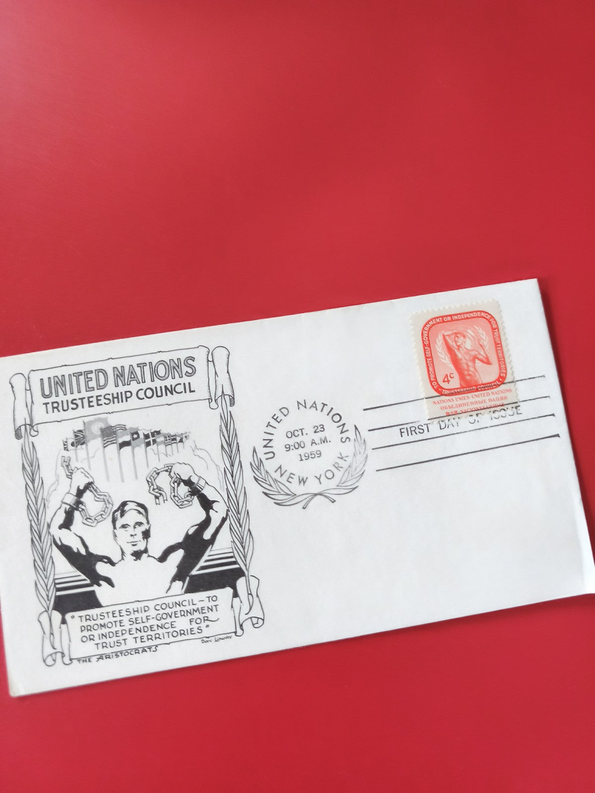 Enveloppe philatélie ONU 4c, illustration Conseil de tutelle, oblitération 1959