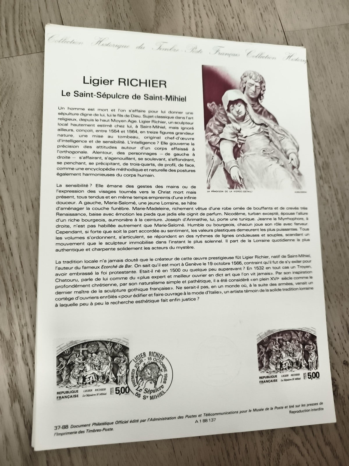 Document philatélique Ligier Richier Saint-Sépulcre Saint-Mihiel Timbre 5,00F
