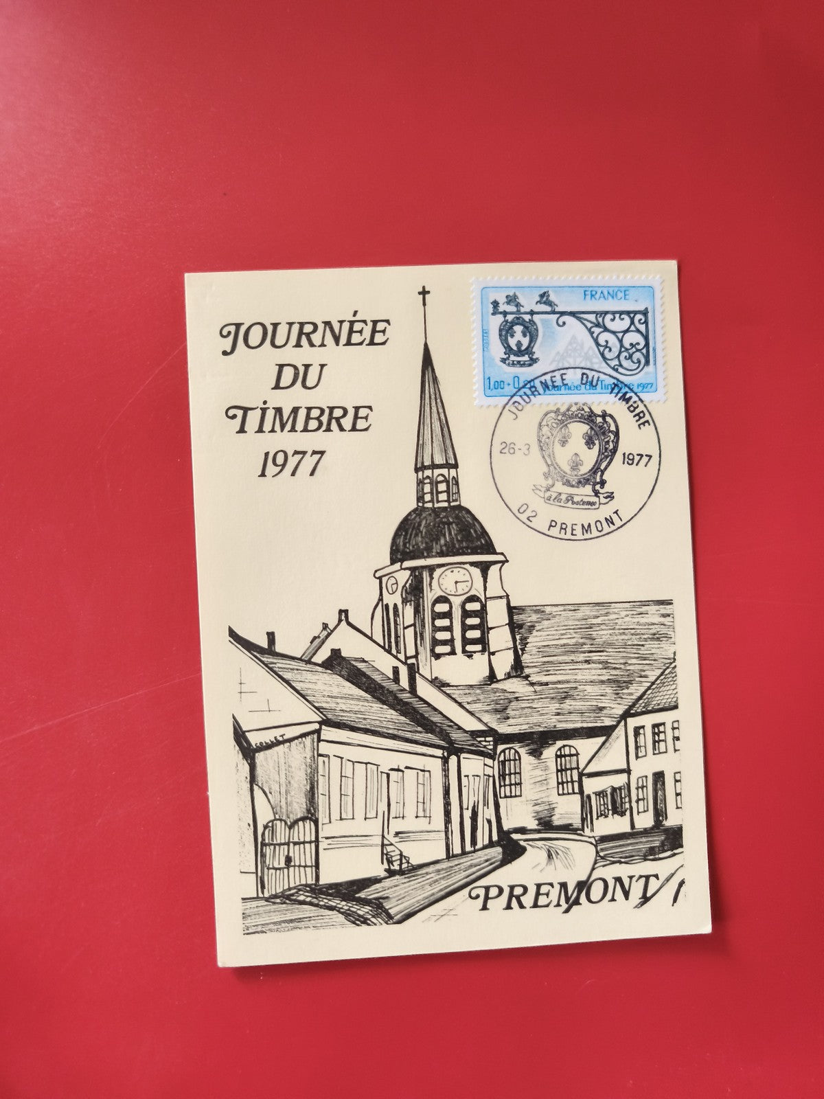 Carte postale philatélie Journée du Timbre 1977 Prémont timbre bleu