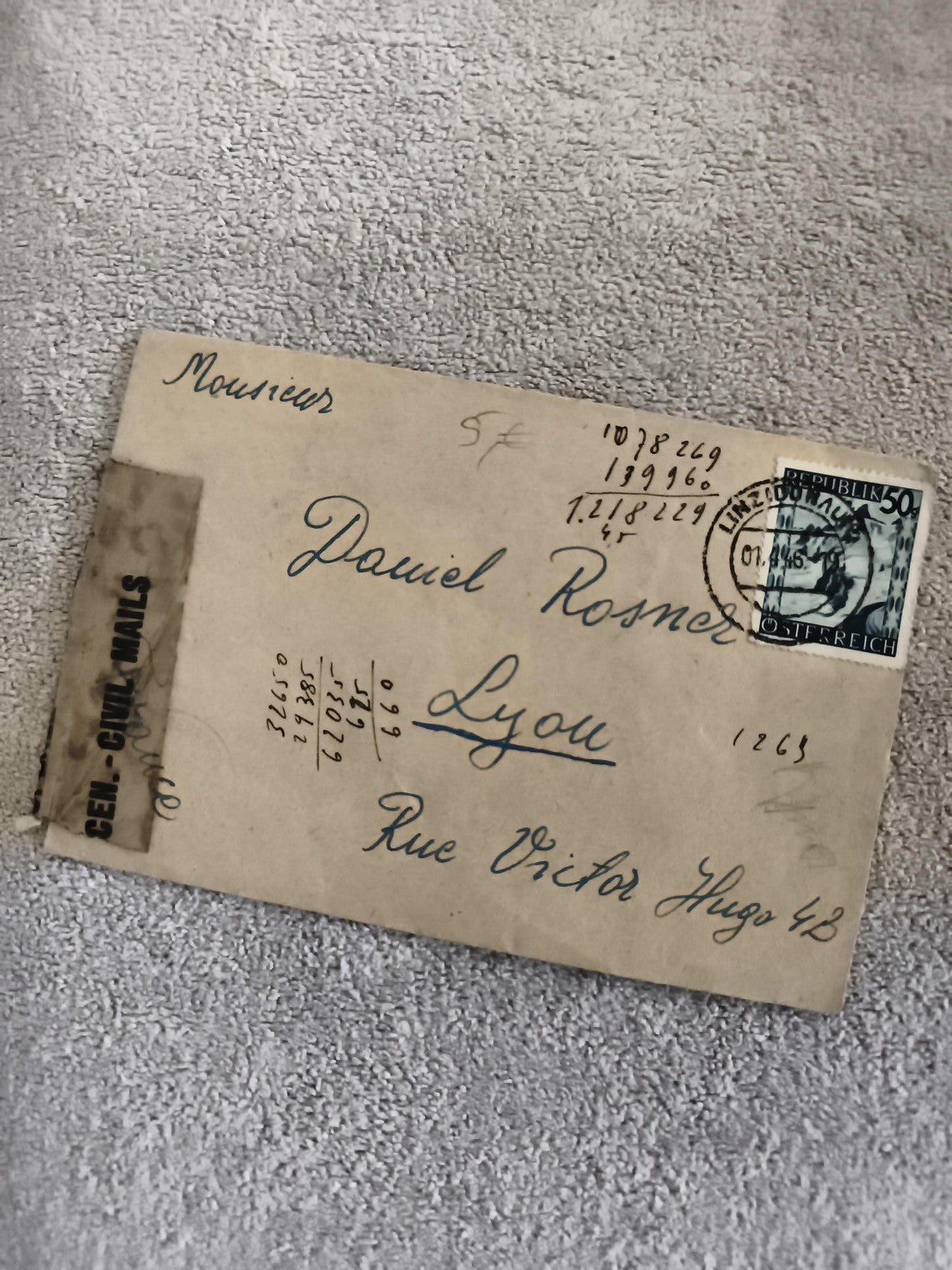 Lettre oblitérée Allemagne 1946 timbre 50 Pfennig Lyon philatélie