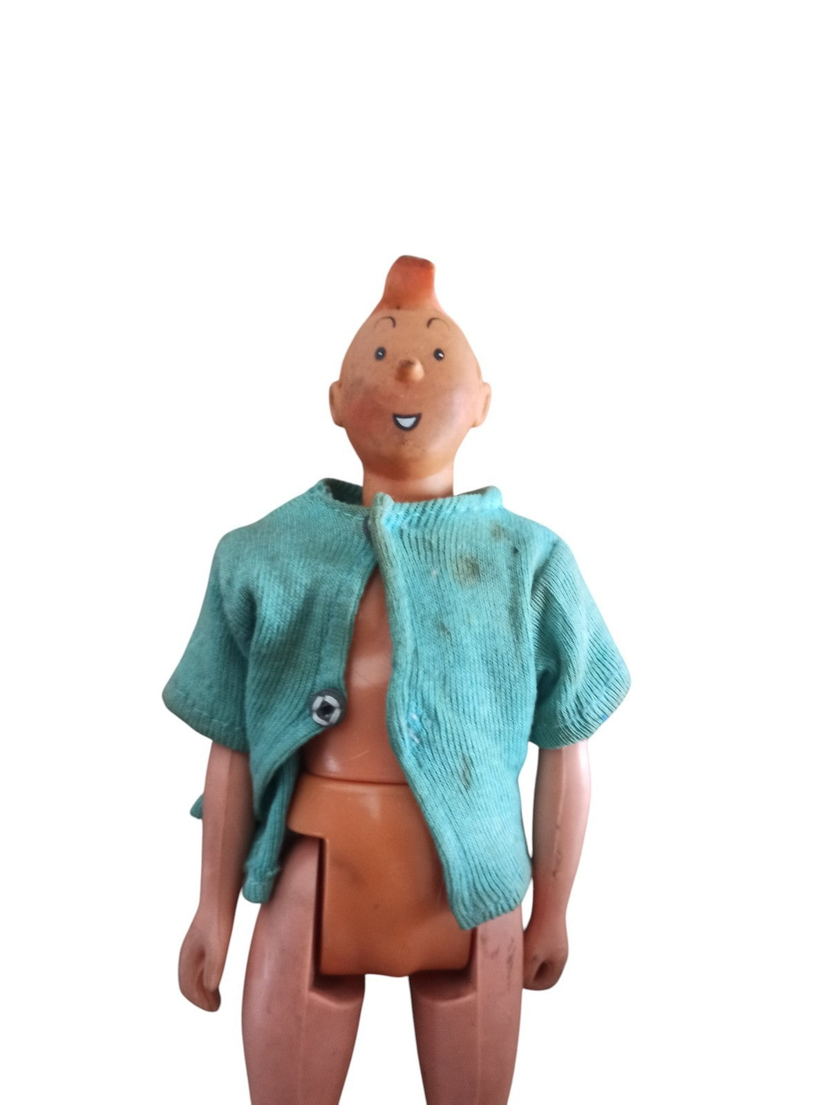 Figurine Tintin vintage ancien, gilet bleu, visage souriant, rare