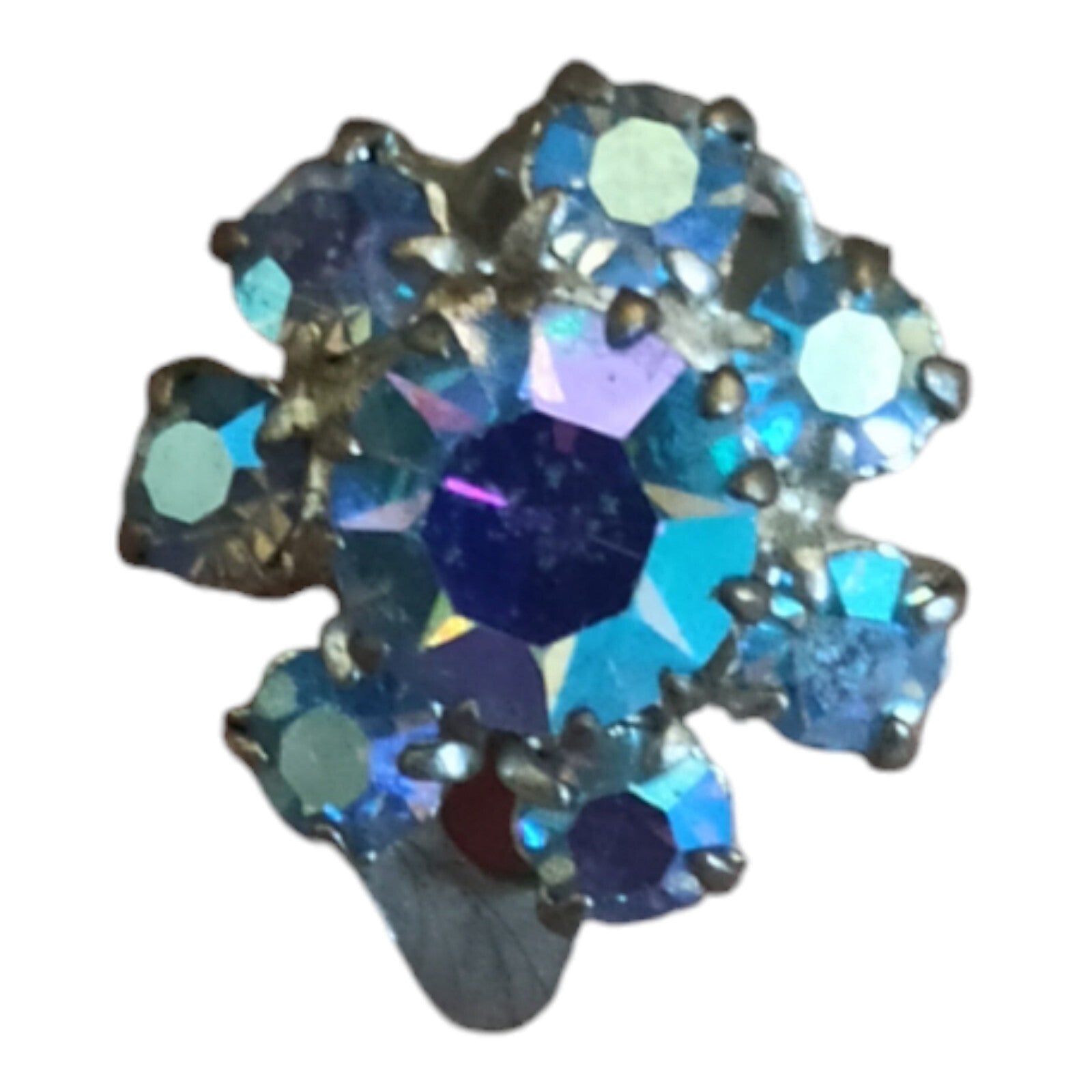 Broche vintage années 80 bleu irisé style bijou fantaisie strass fleur