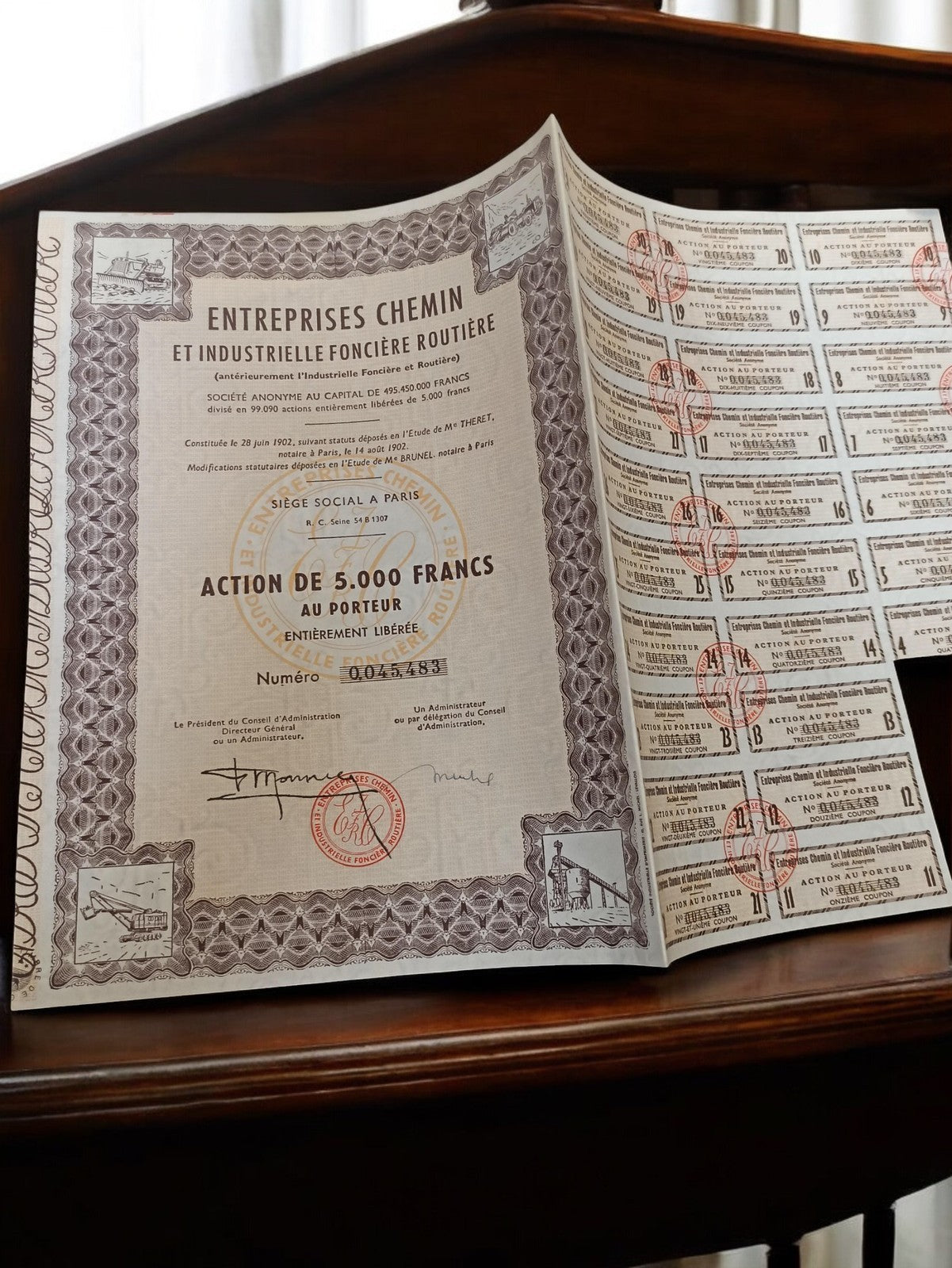Action au porteur années 1920 Entreprises Chemin 5000 francs ancienne finance