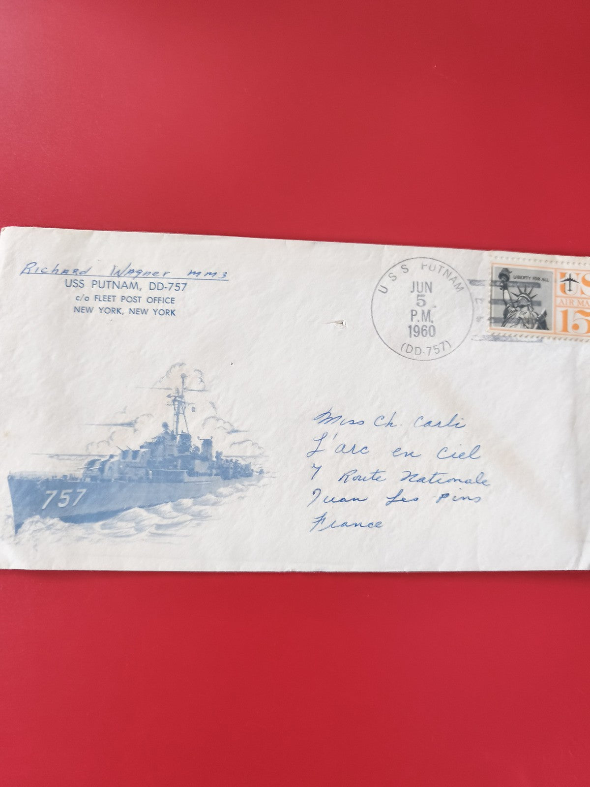 Enveloppe philatélie USS Putnam DD-757 timbrée 1960 cachet USA marine