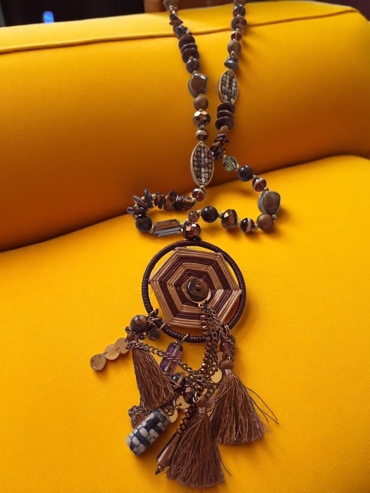 Collier fantaisie vintage marron pendentif bohème perles rétro ethnique élégant